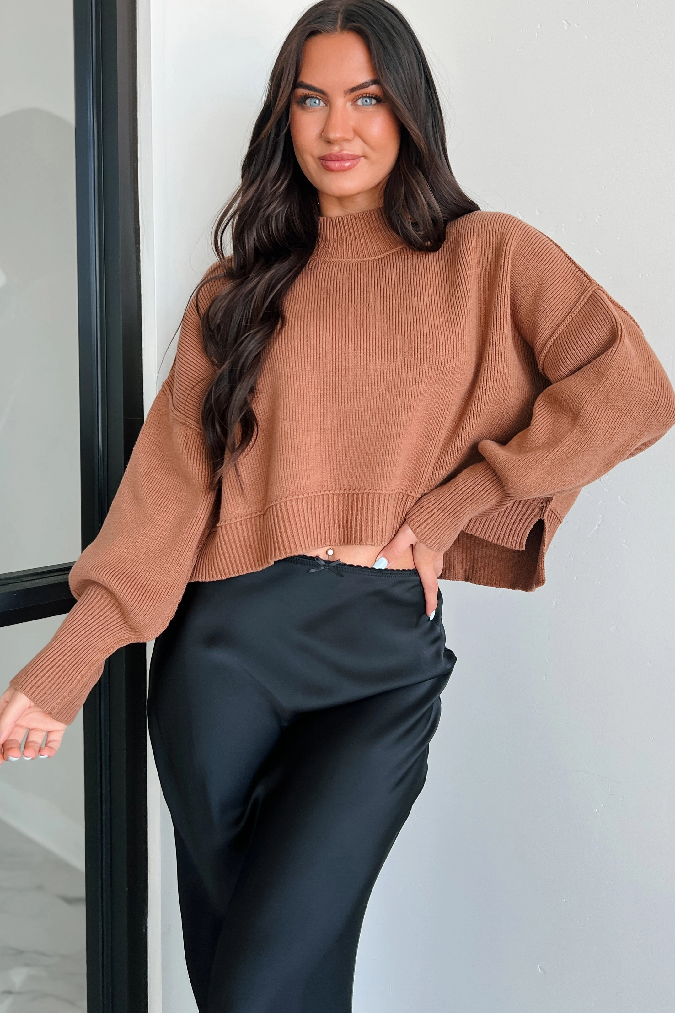 Cheerful Charm Oversized Zenana Crop Sweater (Deep Camel) FlexibleCollar Breathable Construction