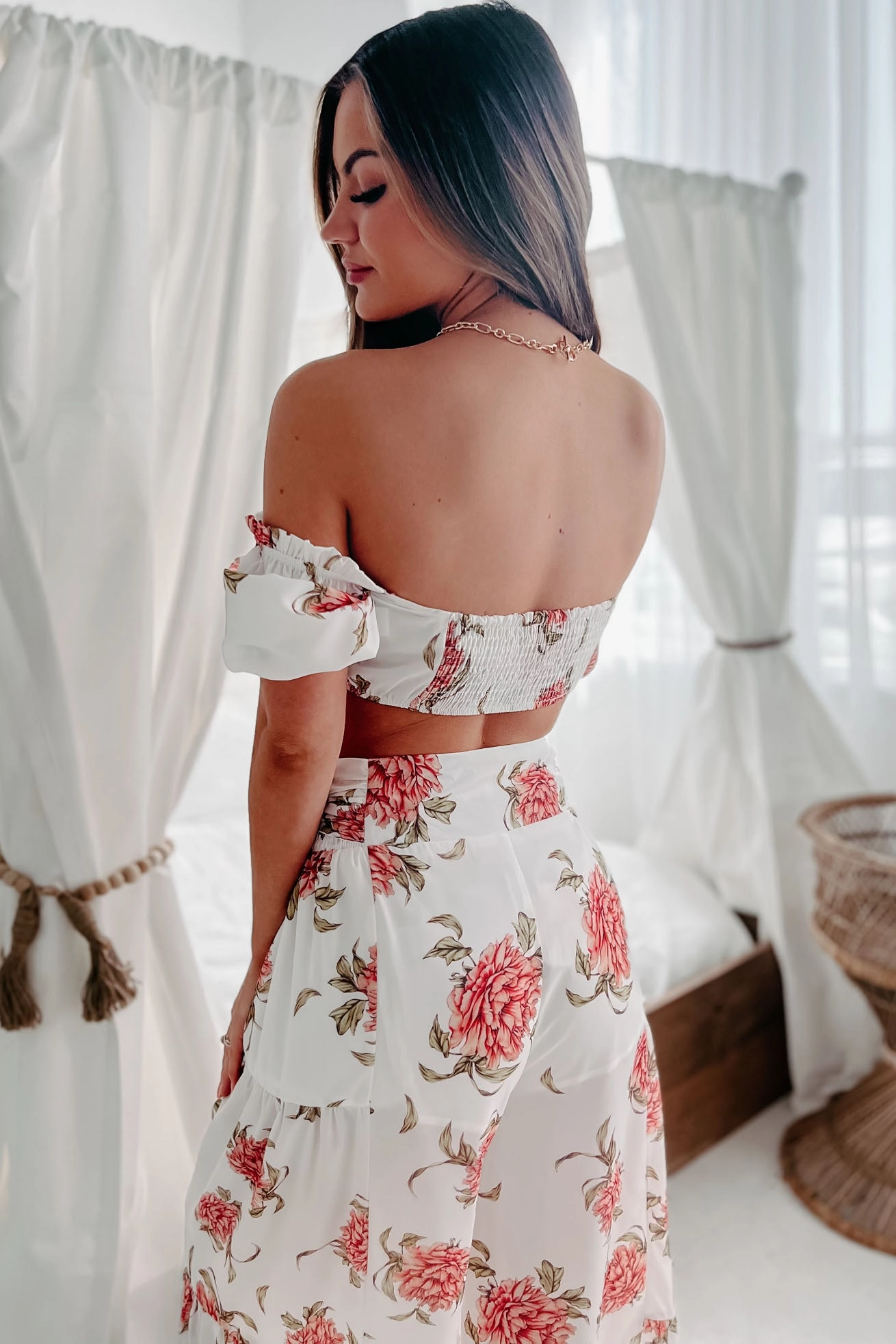 Fray Resistant Edges Audrina Floral Crop Top & Wide Leg Pant Two Piece Set (White Coral)