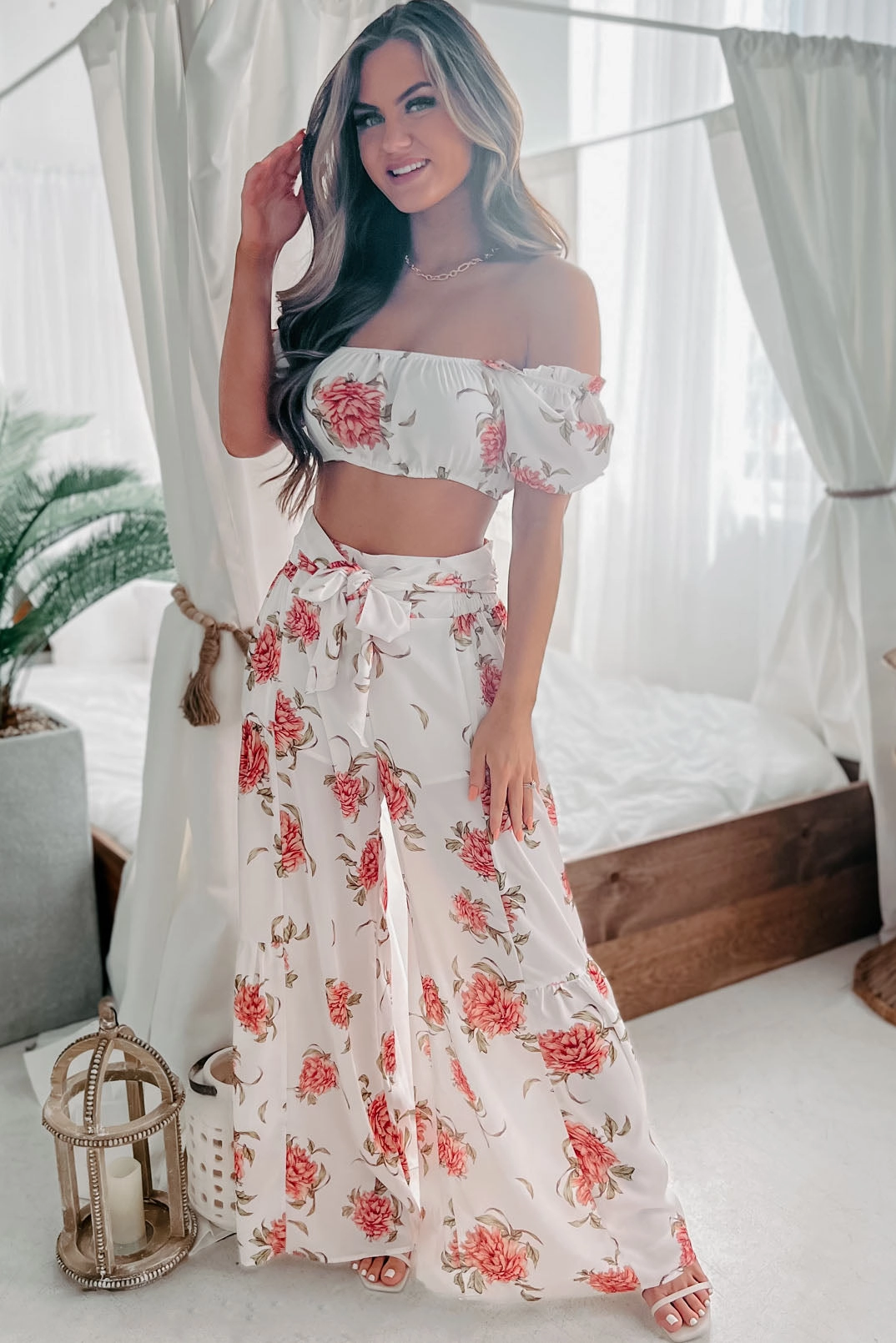 Audrina Floral Crop Top & Wide Leg Pant Two Piece Set (White Coral) HighStrength Threadwork Multipurpose Design