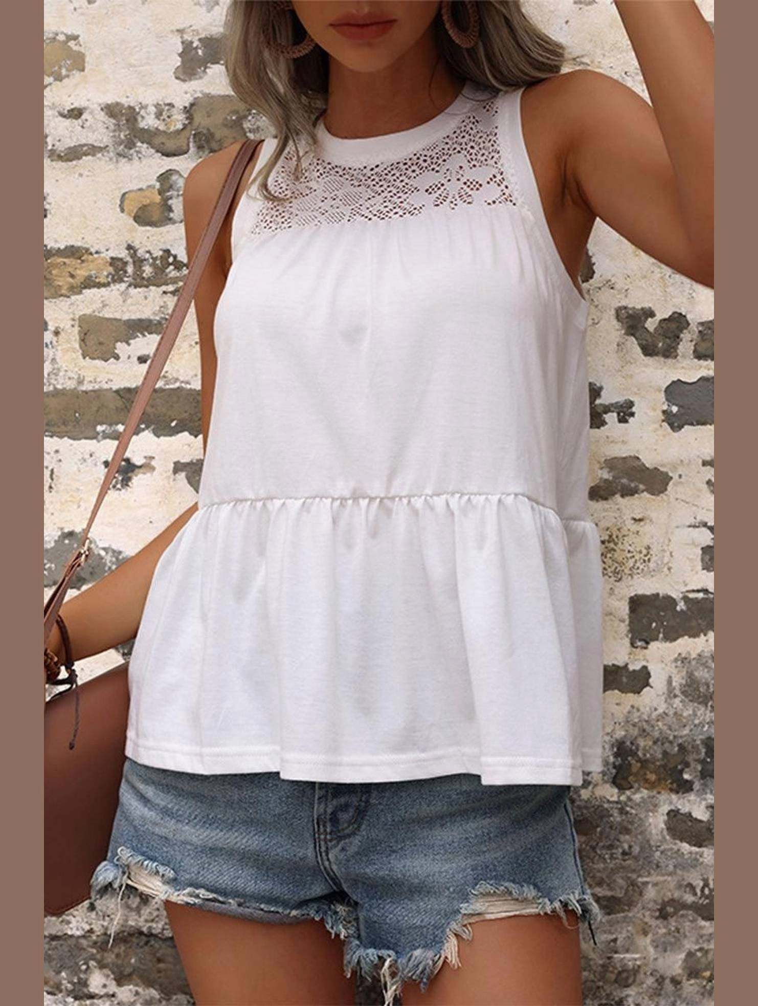 MESH LACED NECK TIERED SLEEVELESS TUNIC TOP LightweightConstruction Self Fabric Tie Closure