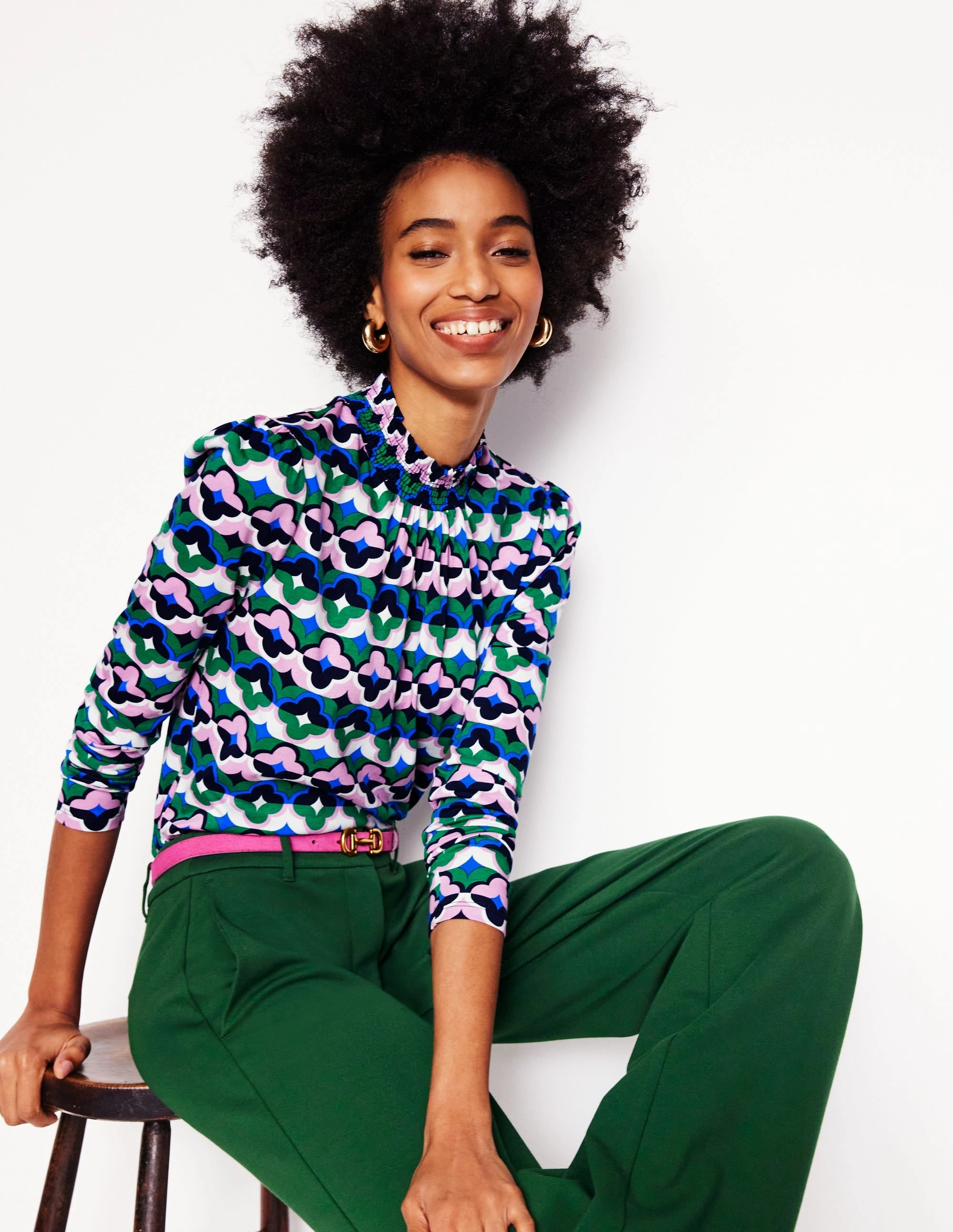 Smocked Neck Printed Top-Rich Emerald, Lucky Clover Stylish Dress Overlock Edging