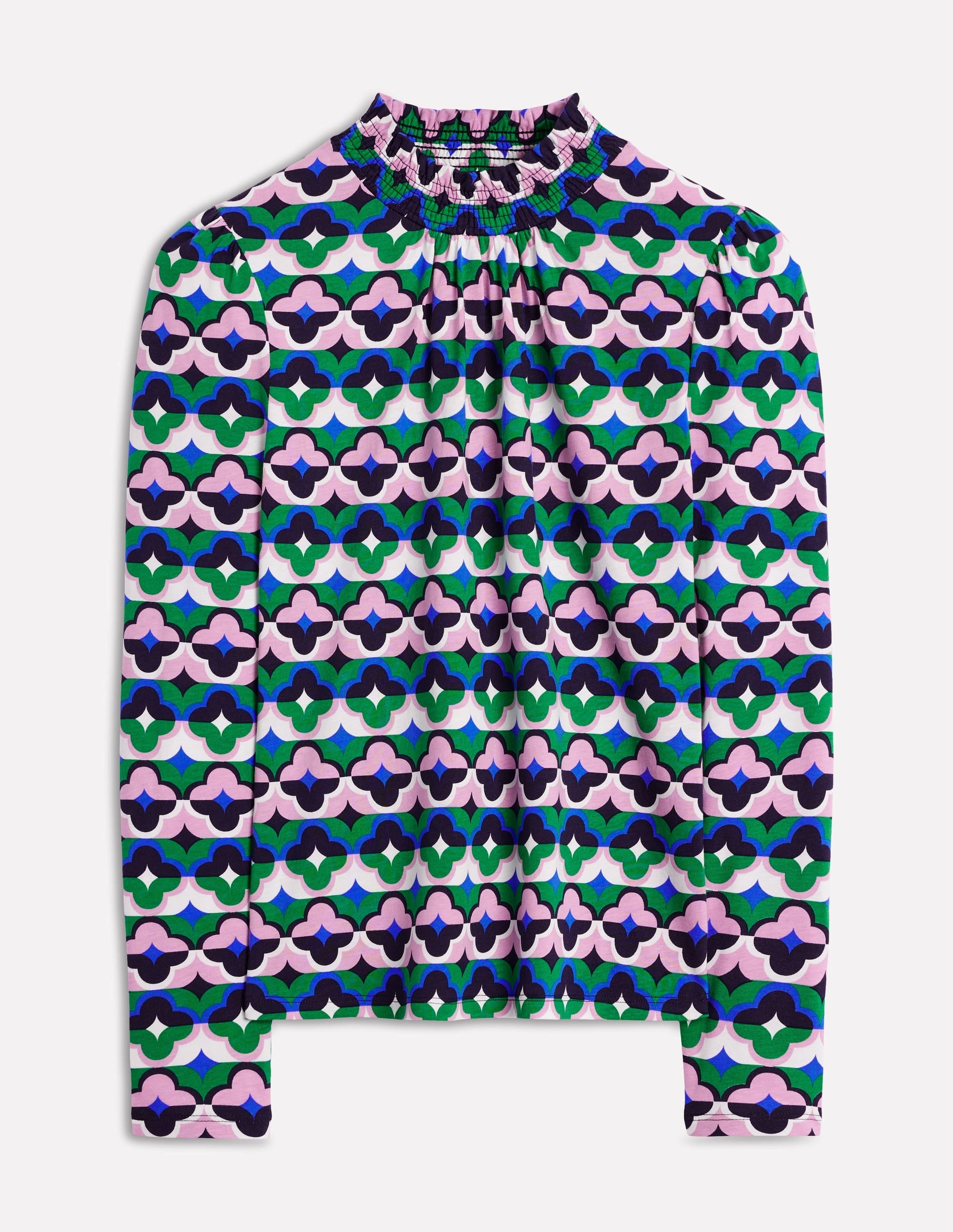 Relaxed Top Smocked Neck Printed Top-Rich Emerald, Lucky Clover