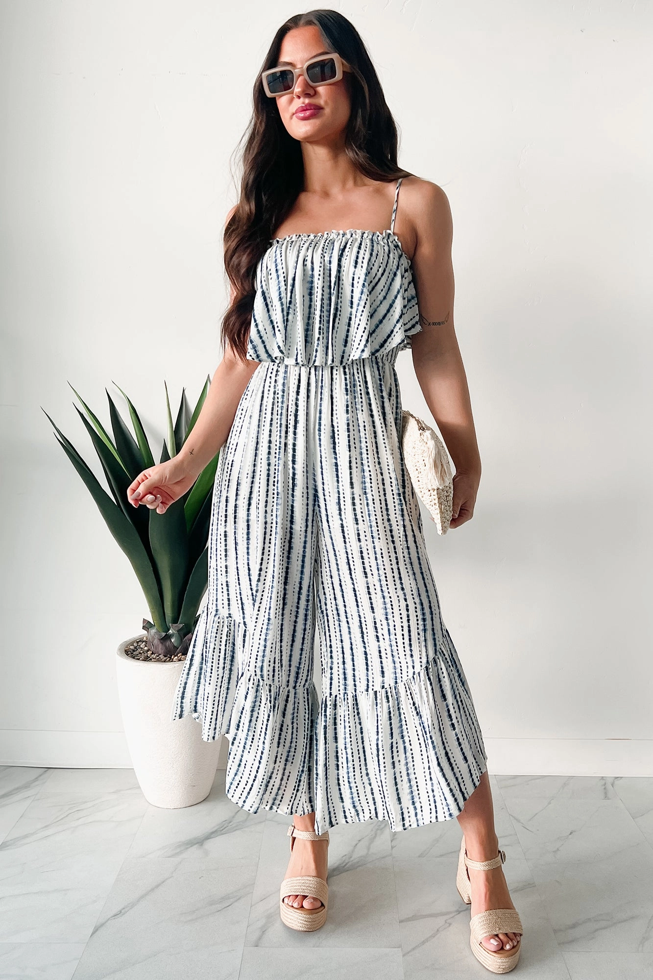 Side Ruching Timeless Touch Idyllic Days Striped Wide Leg Jumpsuit (Blue/White)