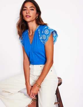 Ila Broderie Sleeve Notch Top-Kingfisher Blue Stylish Tank