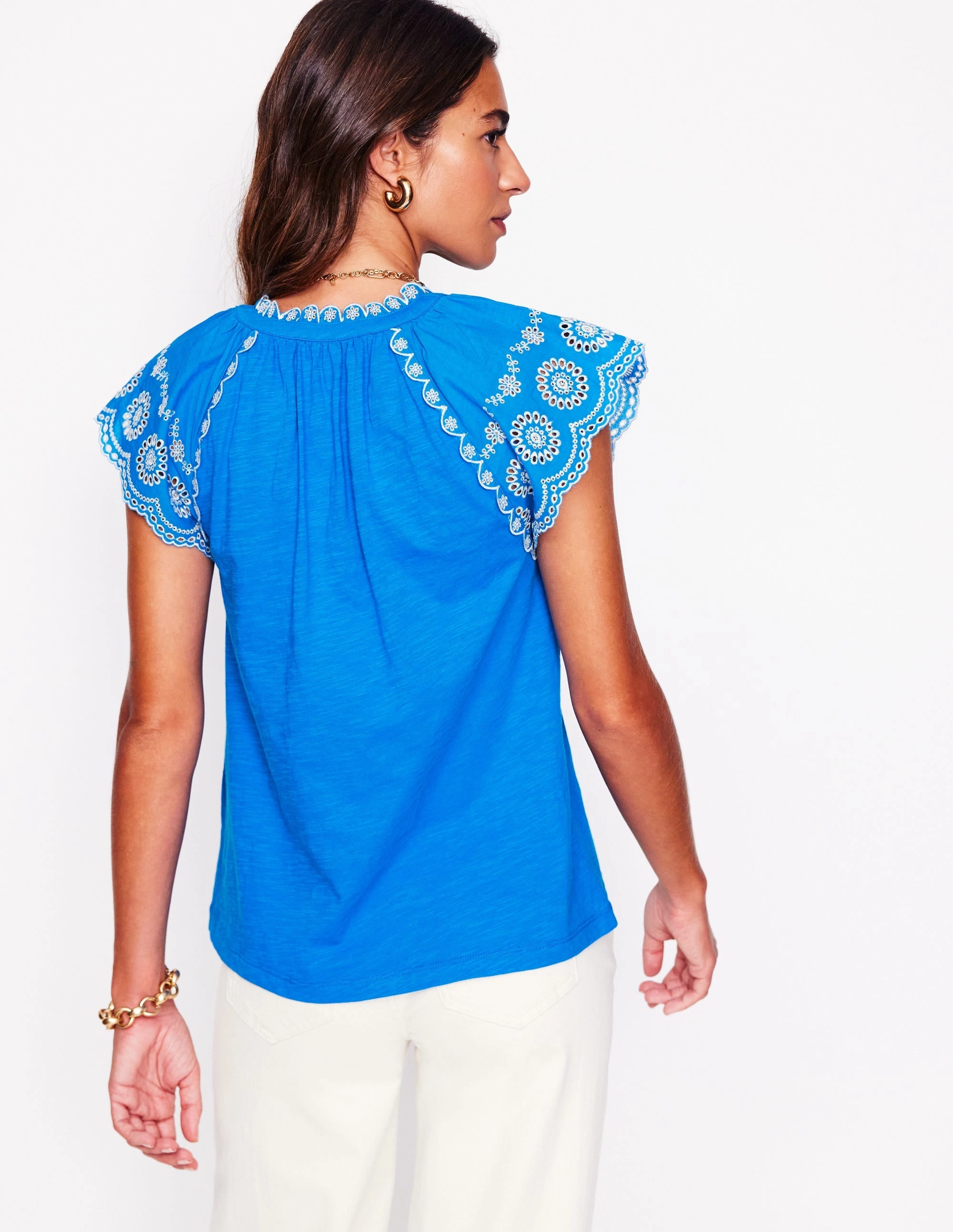 Ila Broderie Sleeve Notch Top-Kingfisher Blue Compact TravelFriendly Design SweatWicking Fabric