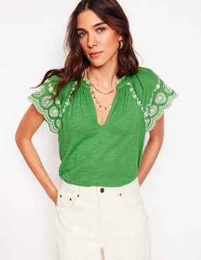 Ila Broderie Sleeve Notch Top-Paradise Green AntiStatic Weave