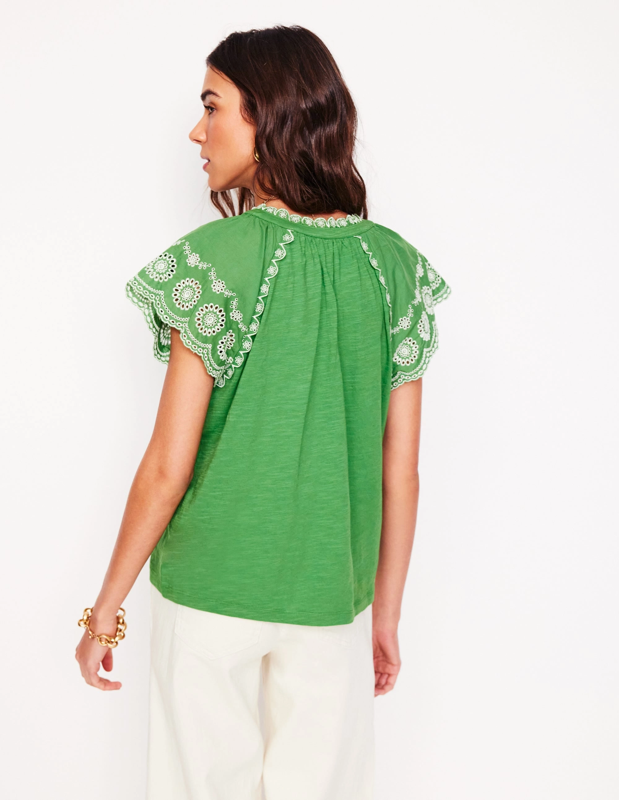 Ila Broderie Sleeve Notch Top-Paradise Green ThermalRegulation Easy Care Fabric