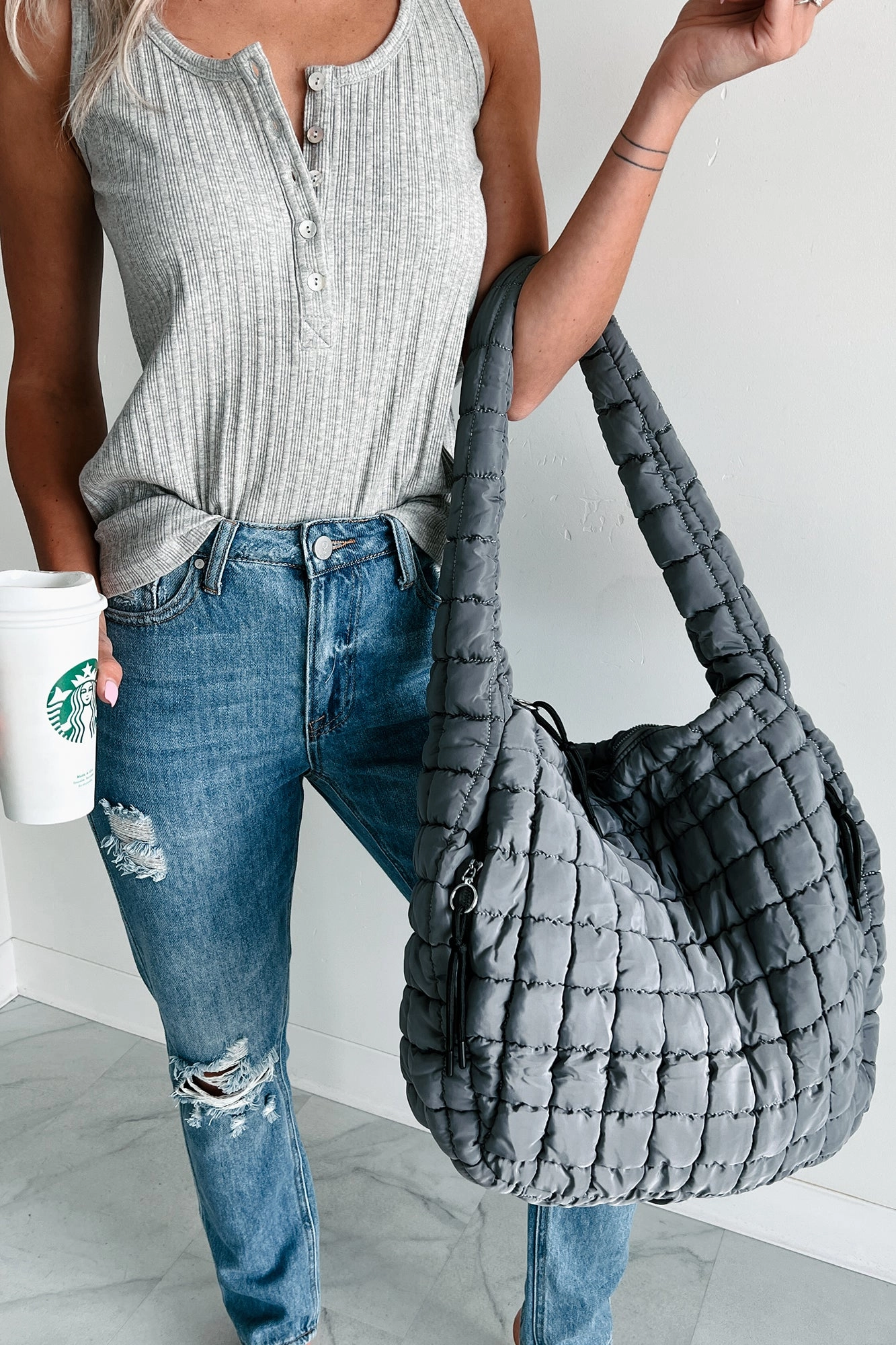 Ready For Takeoff Oversized Quilted Zenana Tote (Ash Grey) Modular Pocket Layout Flexible Hemline