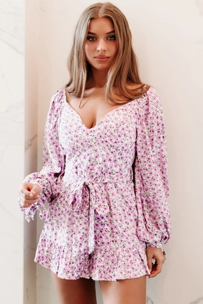 Sporty T-shirt Instant Confidence Long Sleeve Floral Print Romper (Purple)