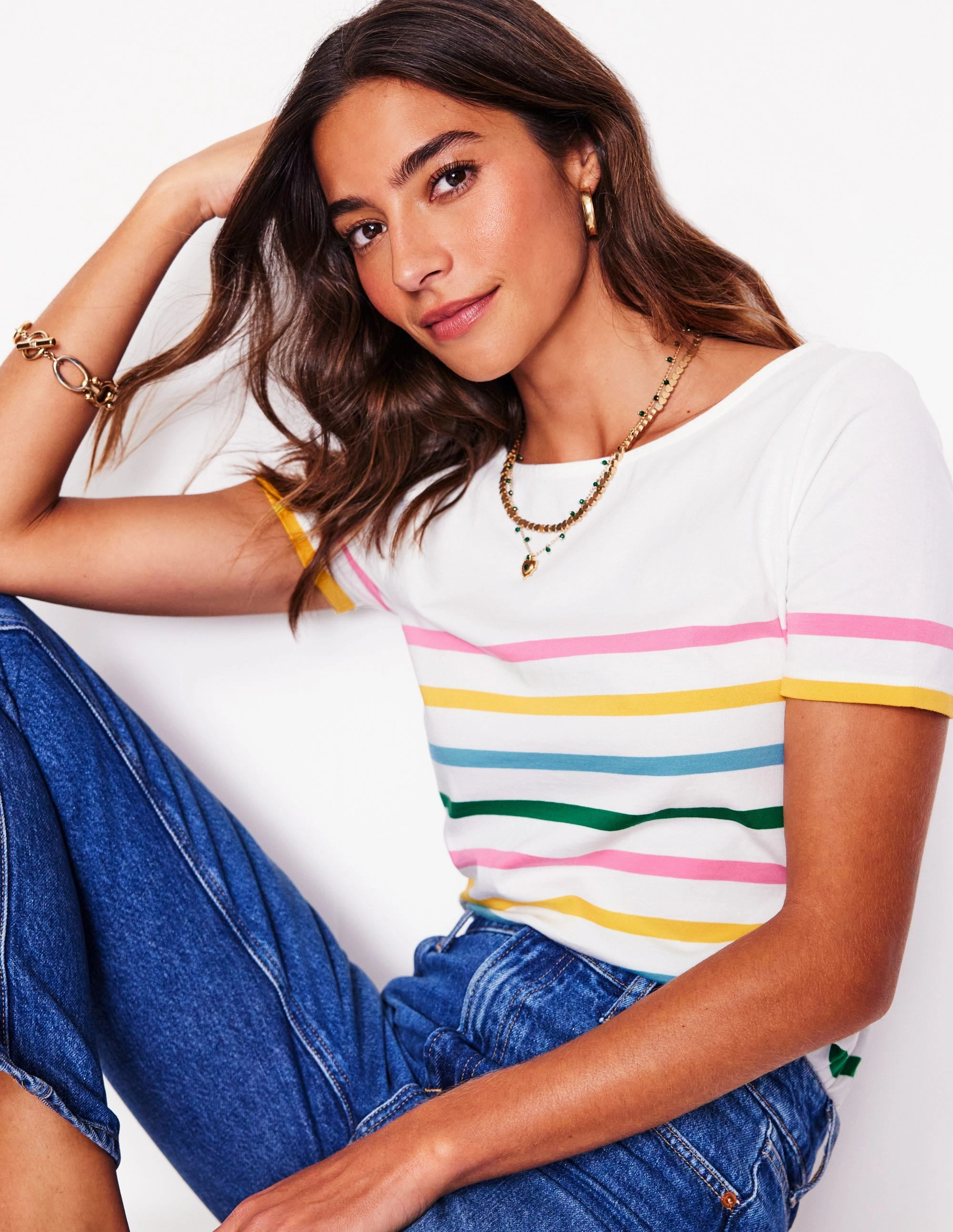 Ella Short Sleeve Breton-Pink, Yellow Placement Stripe Durable Weave FeatherlightConstruction