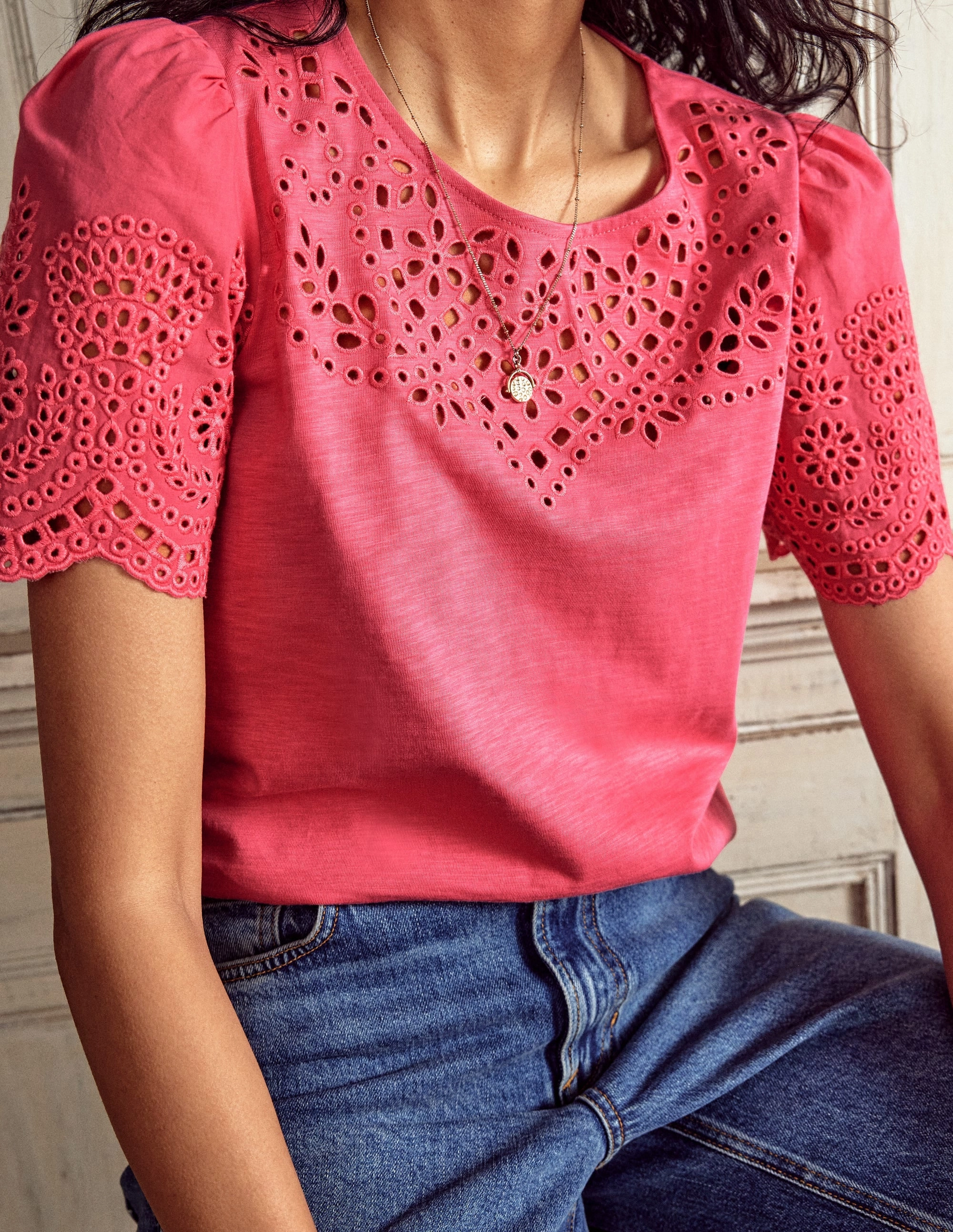 ReflectiveTrim Lightweight Blouse Isabel Broderie Top-Rose Pink