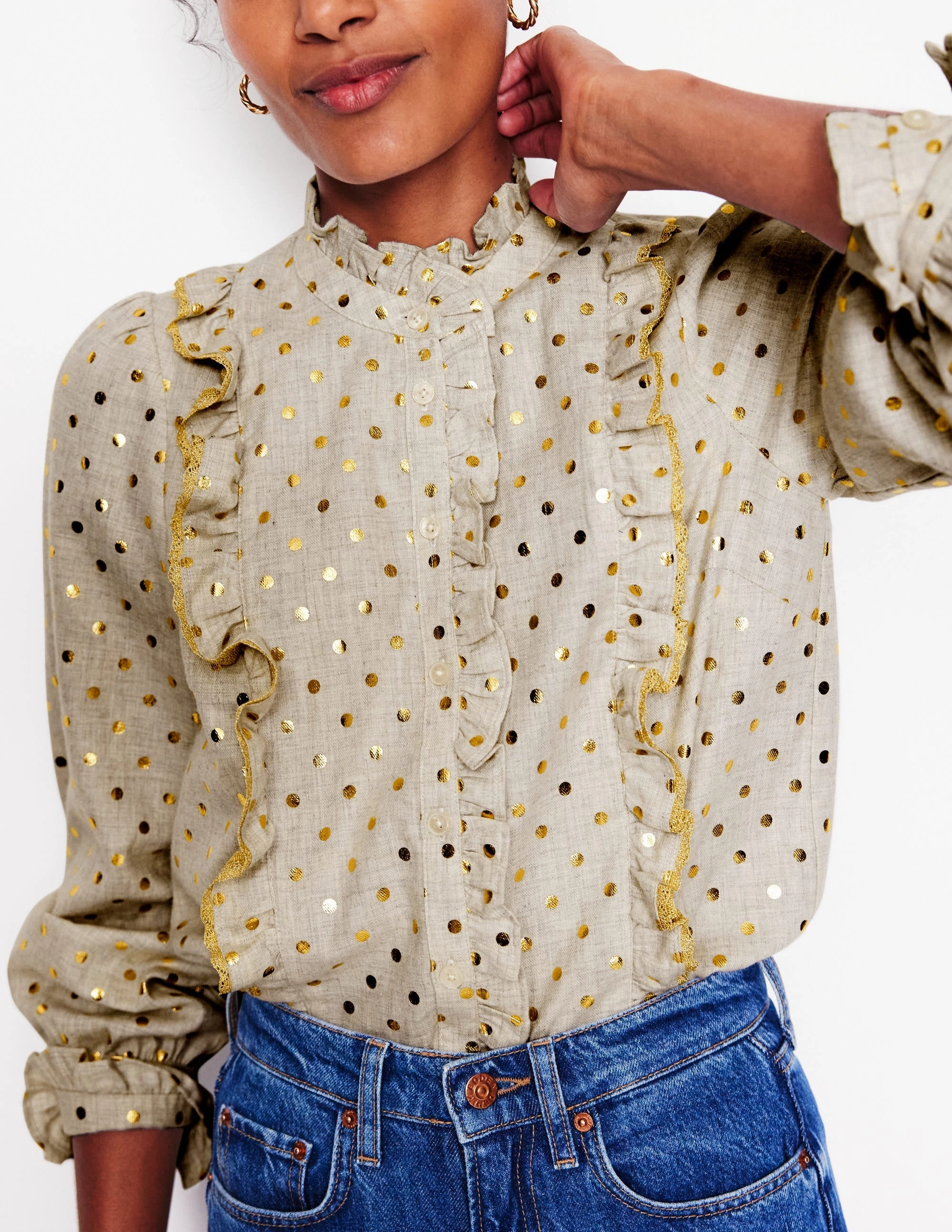 Isla Frill Detail Blouse-Metallic Spot All Season Wear Fabric FrictionReducing