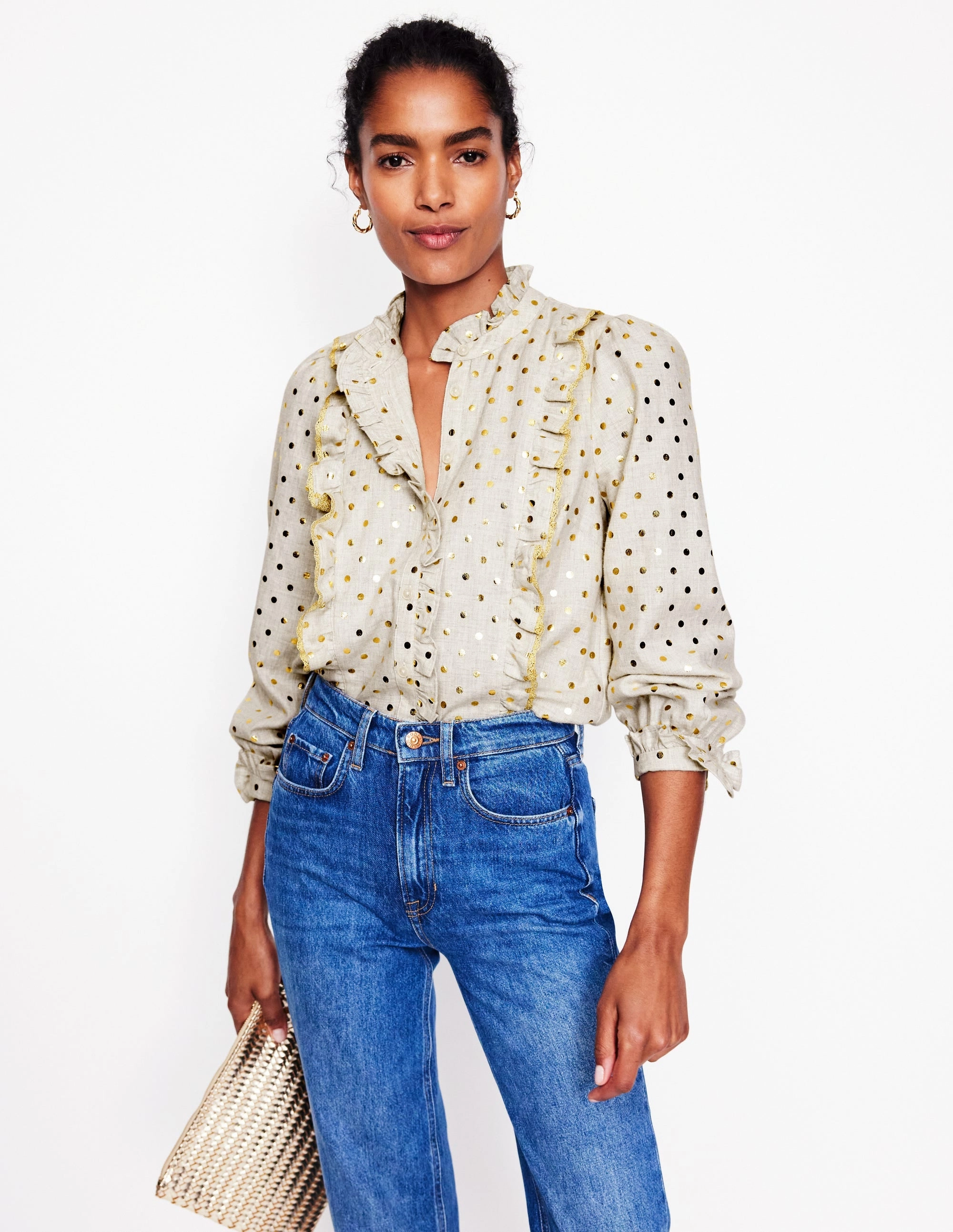 Tactile Soft Texture Fray Resistant Edges Isla Frill Detail Blouse-Metallic Spot