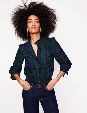 Isla Frill Detail Blouse-Navy and Green Check Temperature Control Technology Reinforced Hems