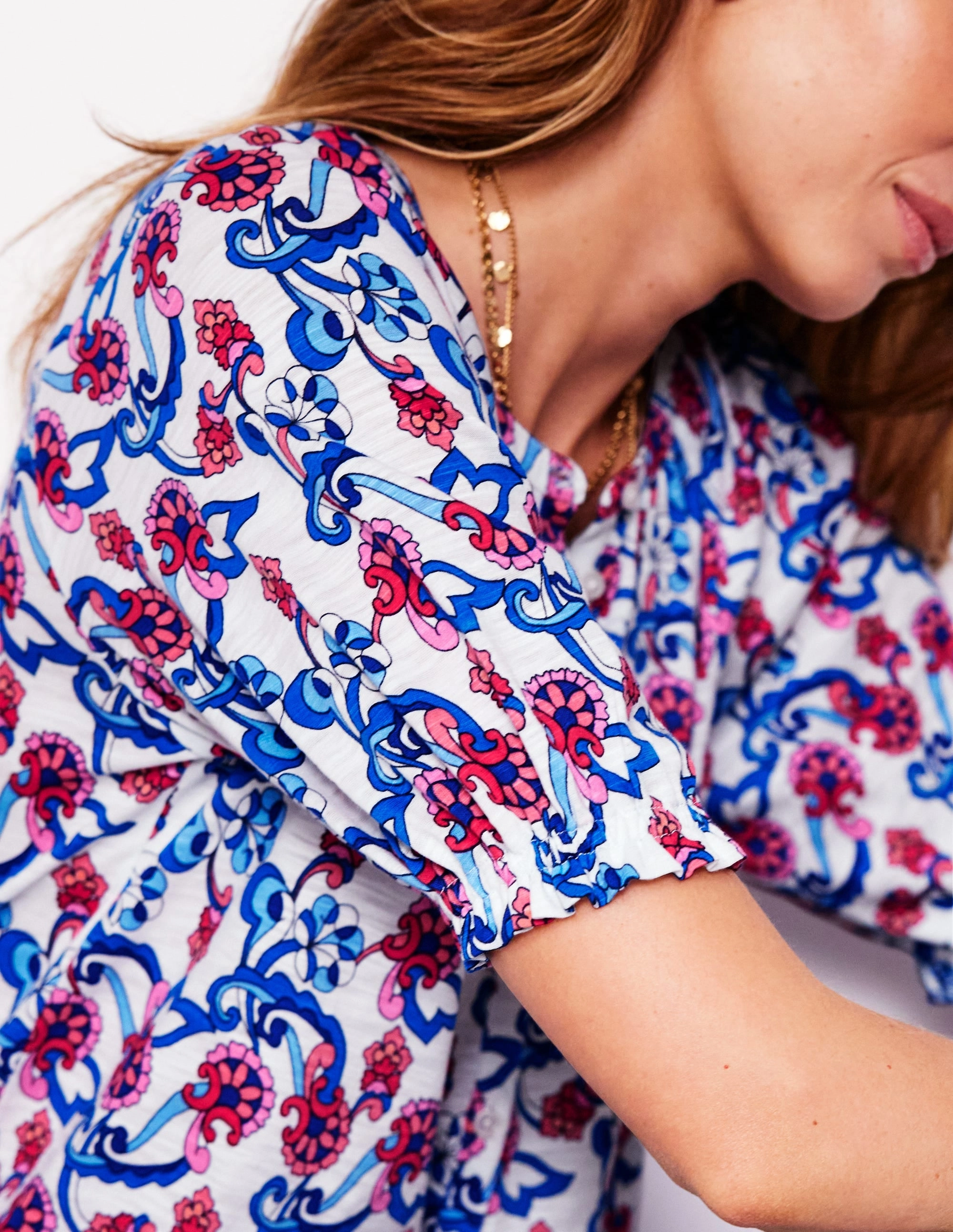 Reinforced Shoulder Panels Isla Jersey Shirt-Ivory, Floral