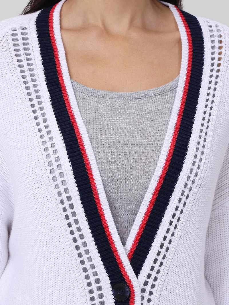 Circular Knit Technique Janet Varsity Stripe Cardigan in Bleach White Multi