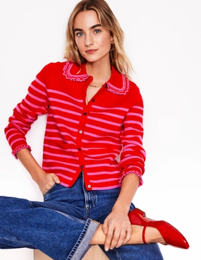 Versatile Style Jessie Frill Collared Cardigan-Poppy Red, Sorbet Pink Stripe