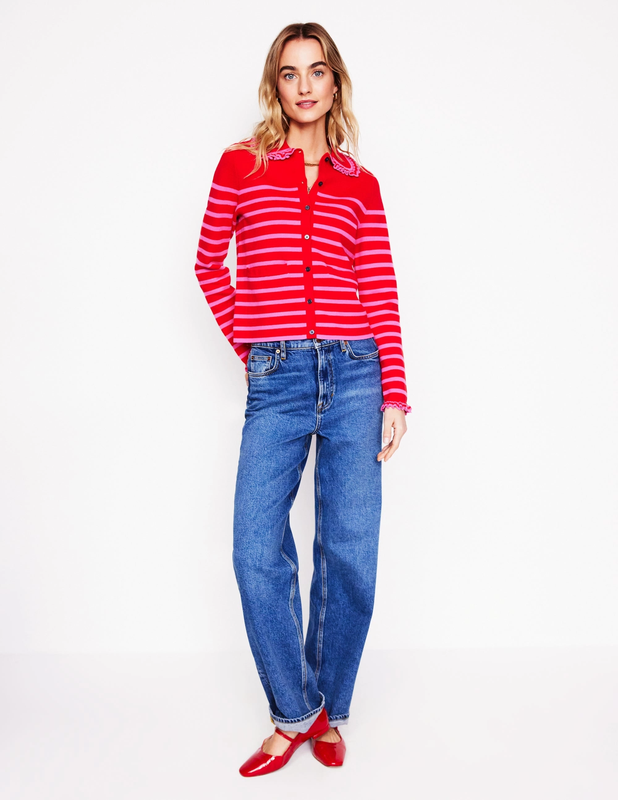 WrinkleResistant Knit Structure Jessie Frill Collared Cardigan-Poppy Red, Sorbet Pink Stripe