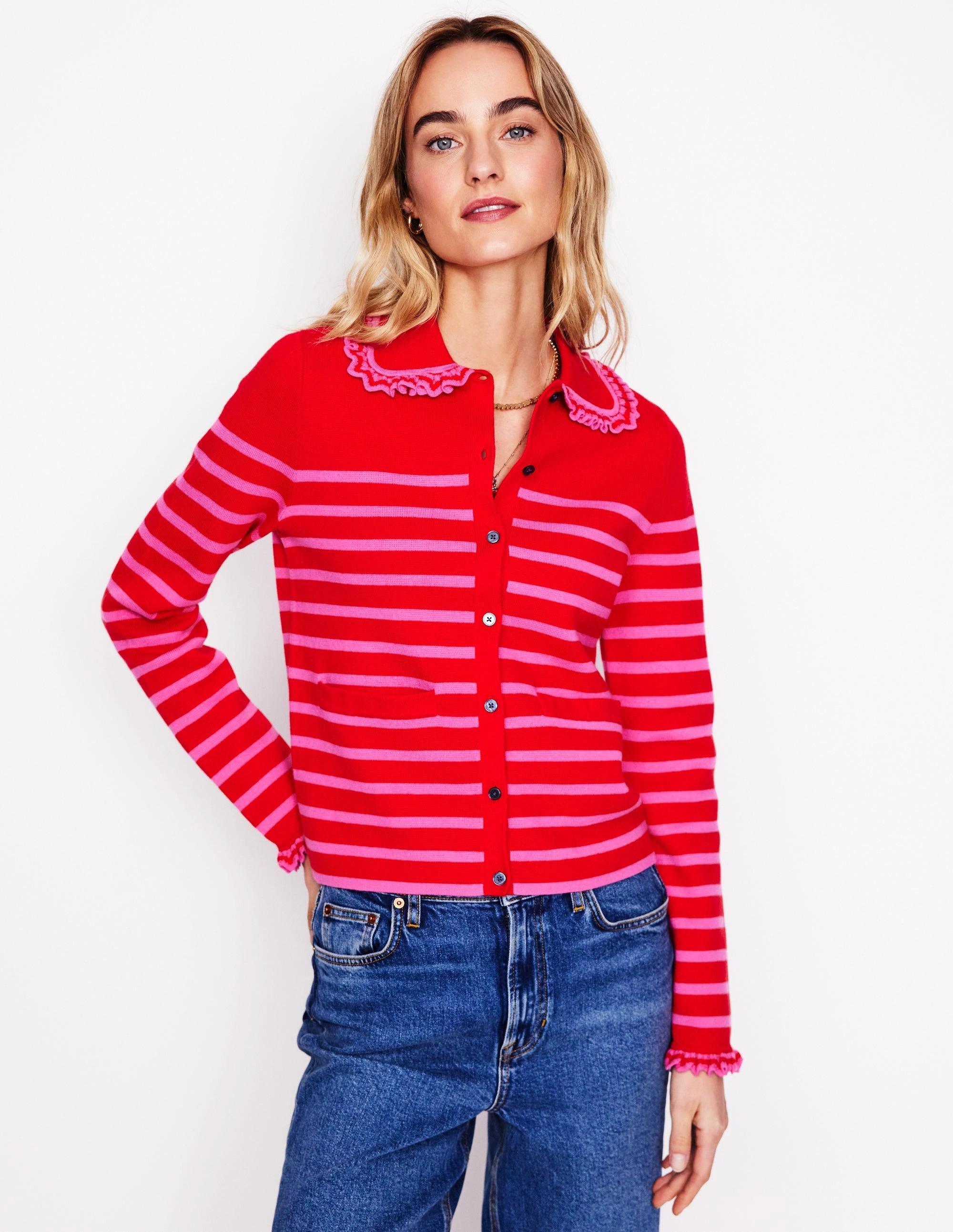 Jessie Frill Collared Cardigan-Poppy Red, Sorbet Pink Stripe Transitional Style Natural Drape