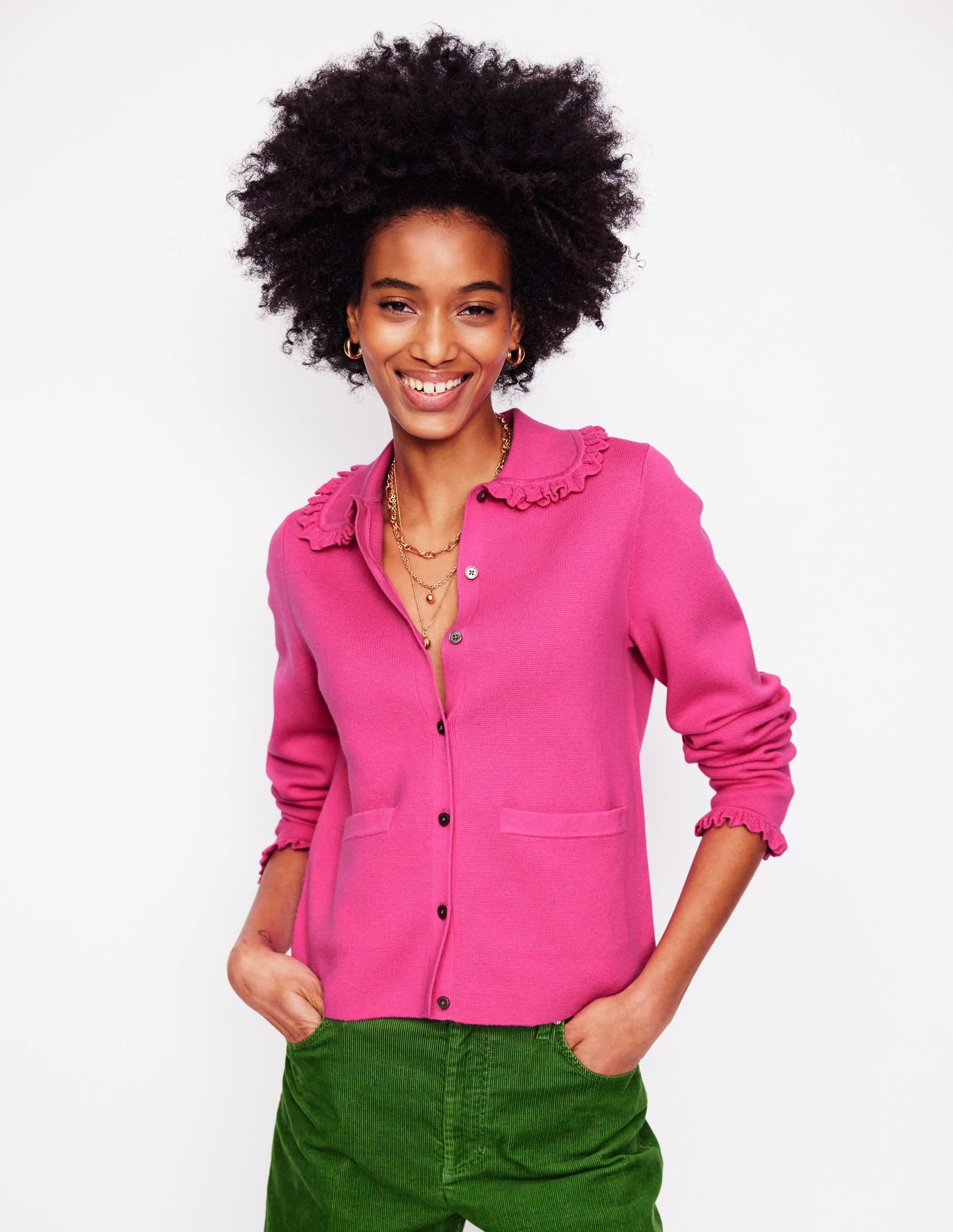 Garment Shaping Panels Reflective Yarn Accent Jessie Frill Collared Cardigan-Sorbet Pink