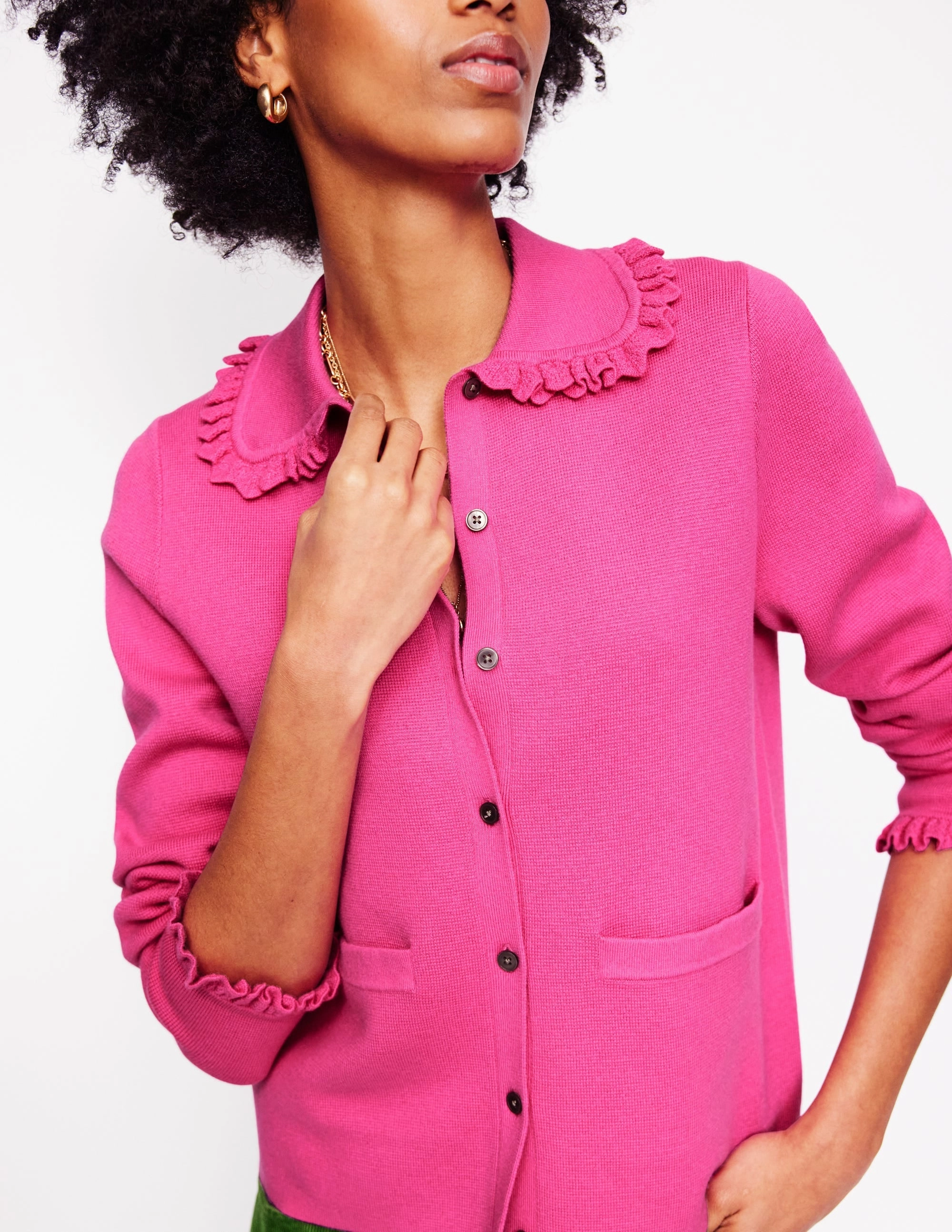 Fresh Outfit Jessie Frill Collared Cardigan-Sorbet Pink