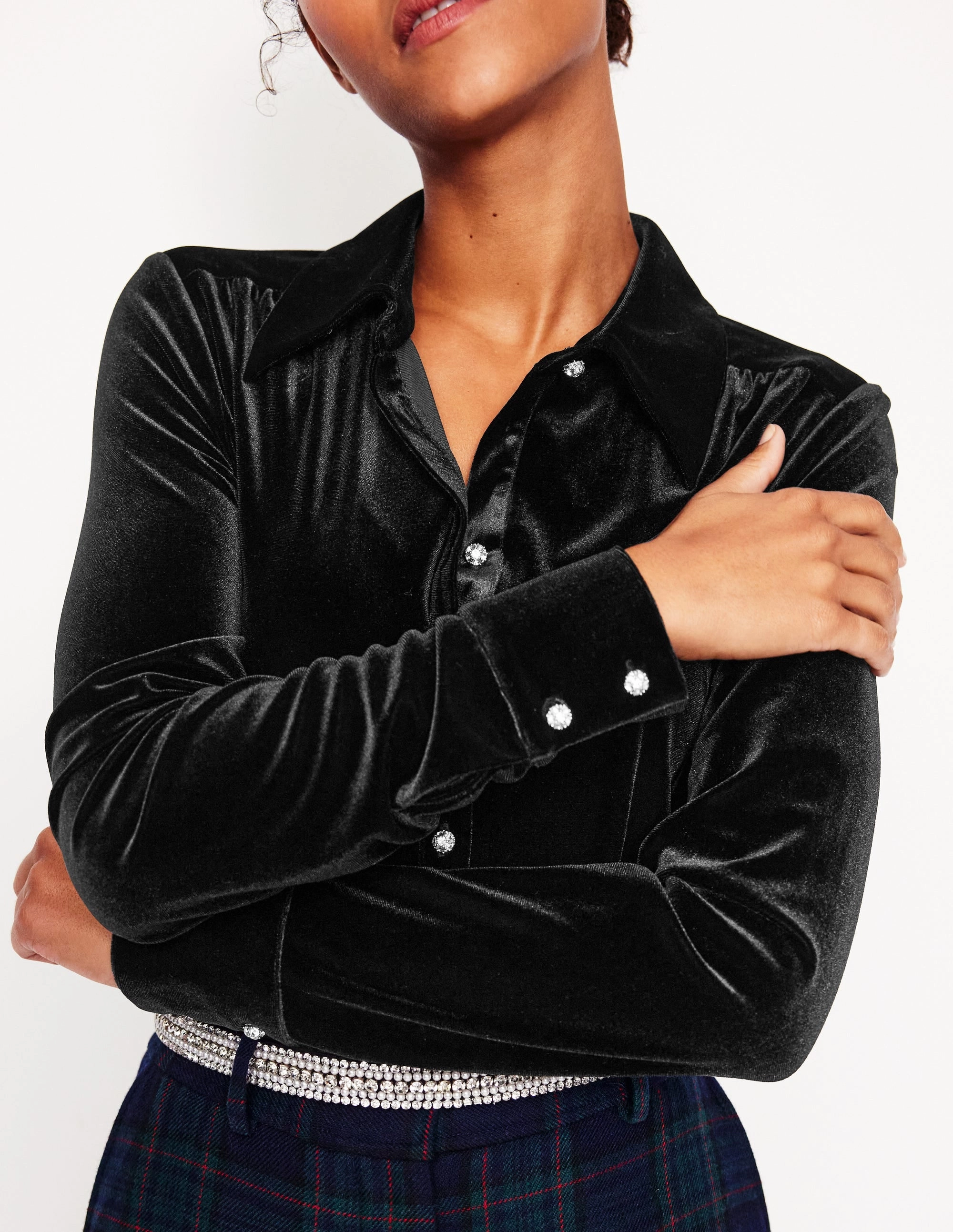 Jewel Button Velvet Shirt-Black Cool Fabric