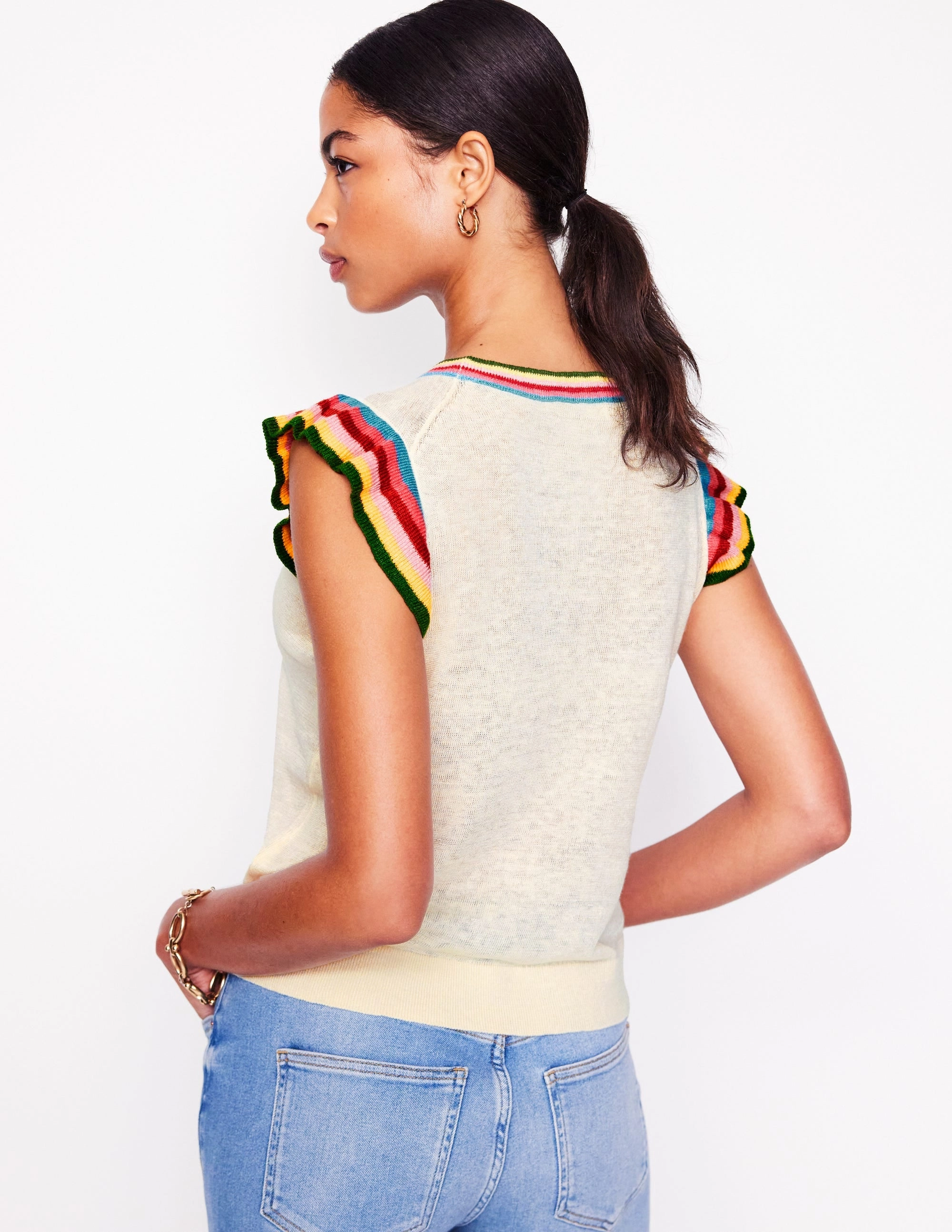 Warm Outfit Essential Layer Josie Frilled Linen Tank-Warm Ivory, Multi Stripe