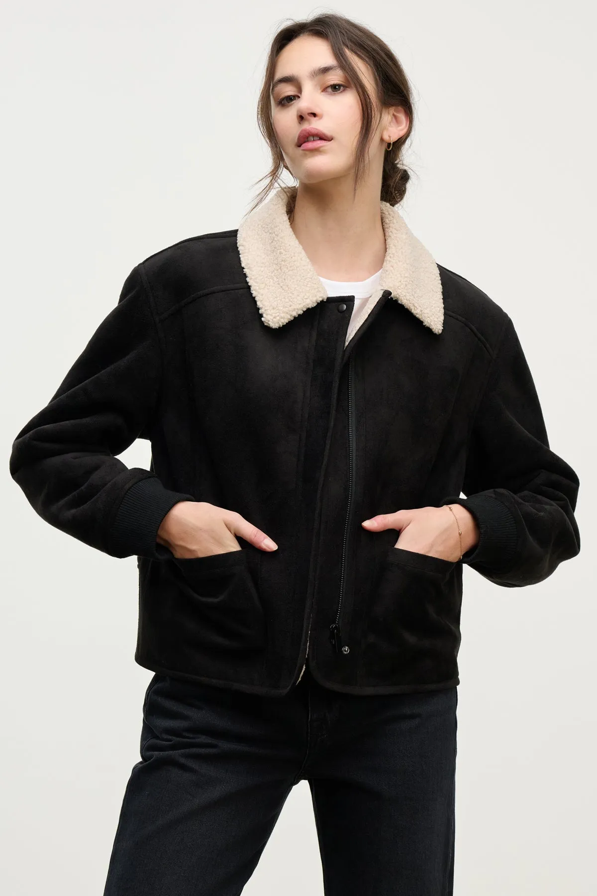 Juno Sherpa Jacket in Black/Cream PlushLining Multi Directional Zipper Placement