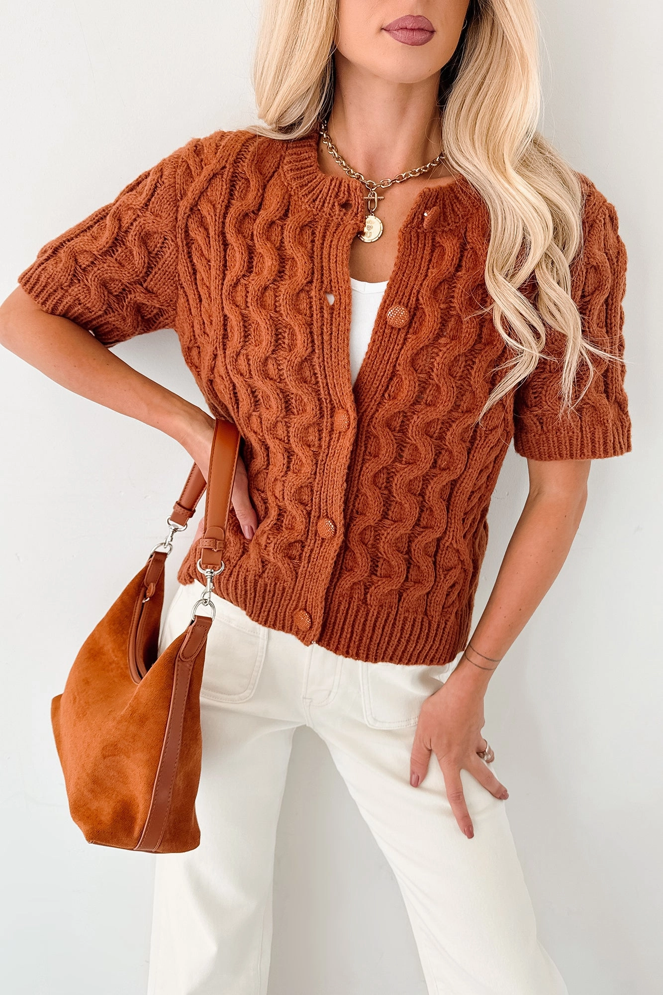 Just Being Modest Short Sleeve Button-Up Sweater (Brick) Eco Friendly Recycled Material