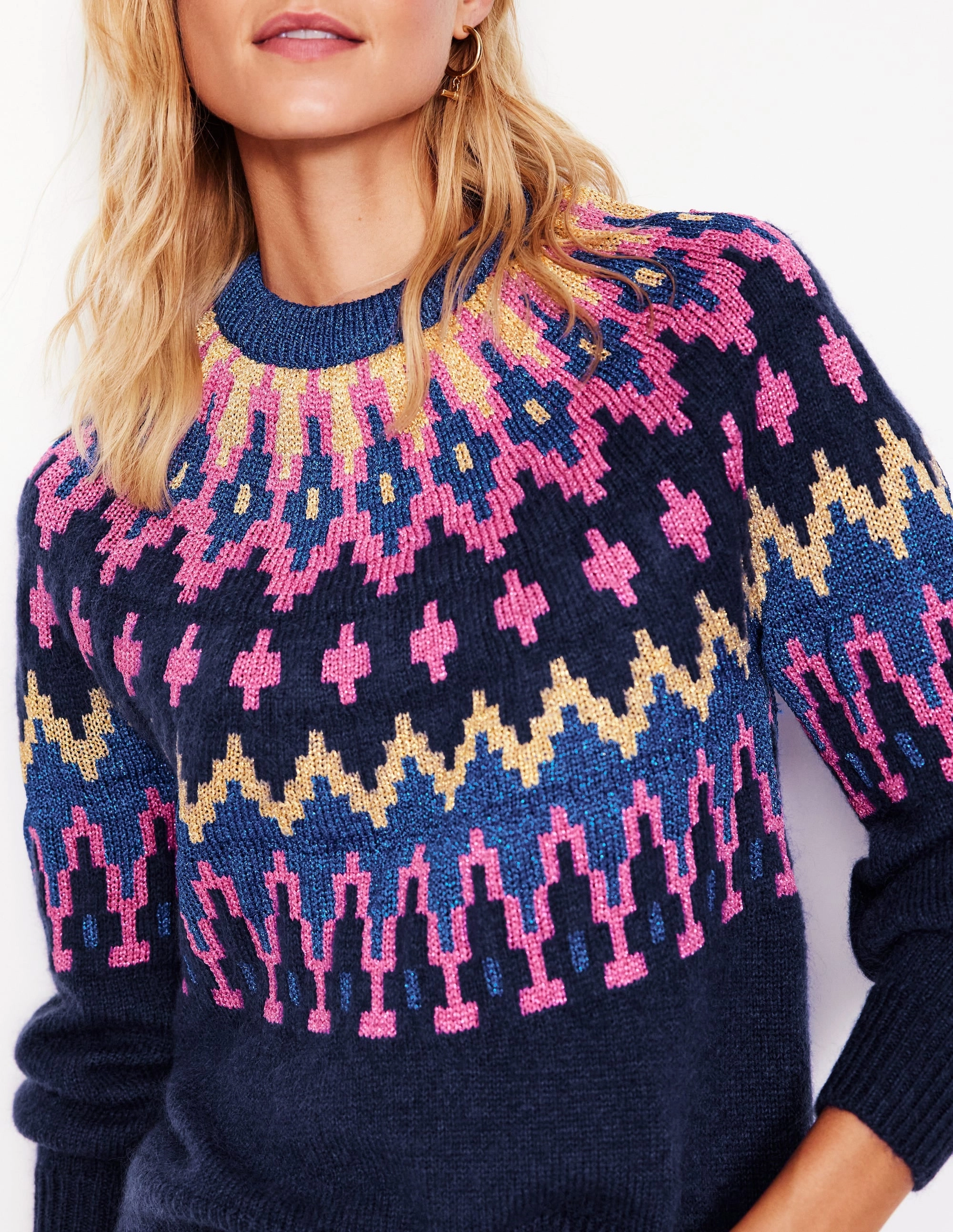 Thermochromic Fiber Applications Fashion Favorite Kat Sparkly Fair Isle Jumper-Navy