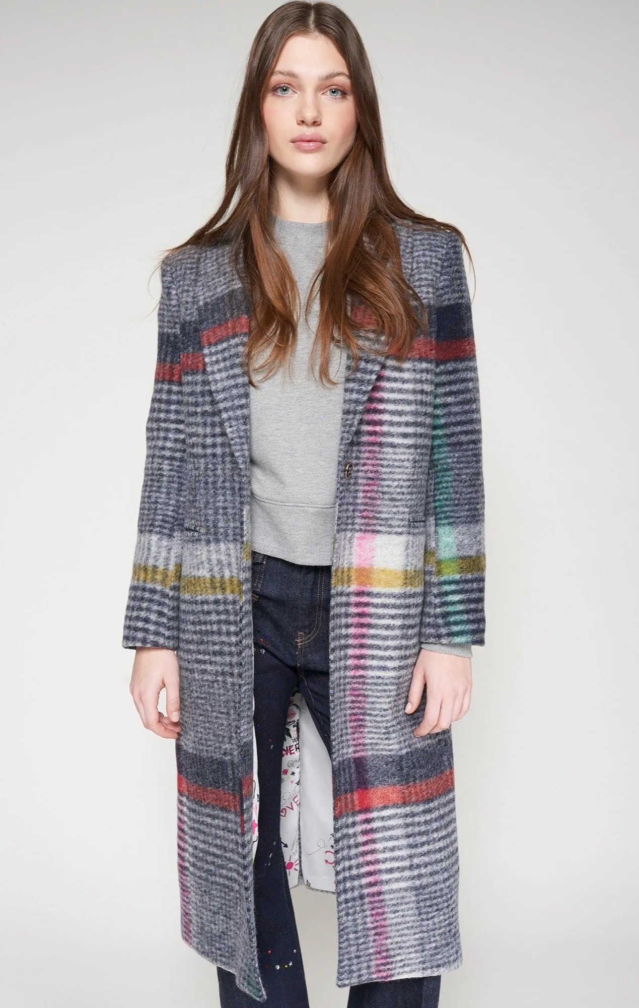 Katherine Checked Long Coat in Multicolor DoubleNeedle Stitching Relaxed Look