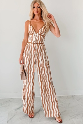 Simple Profile Effortless Wear Keep It Groovy Striped Wide Leg Jumpsuit (Mocha Combo)