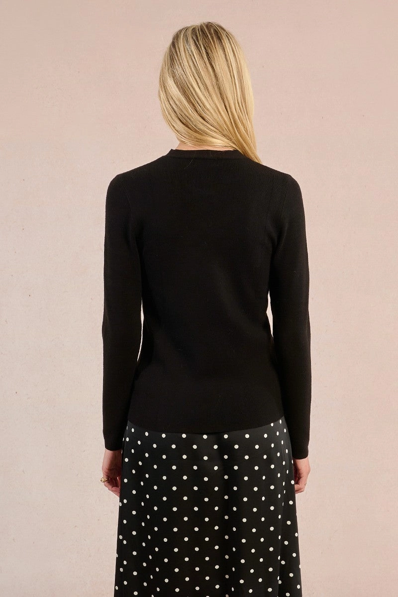 Layered Look ReflectiveTrims Keyhole Tie Sweater in Black