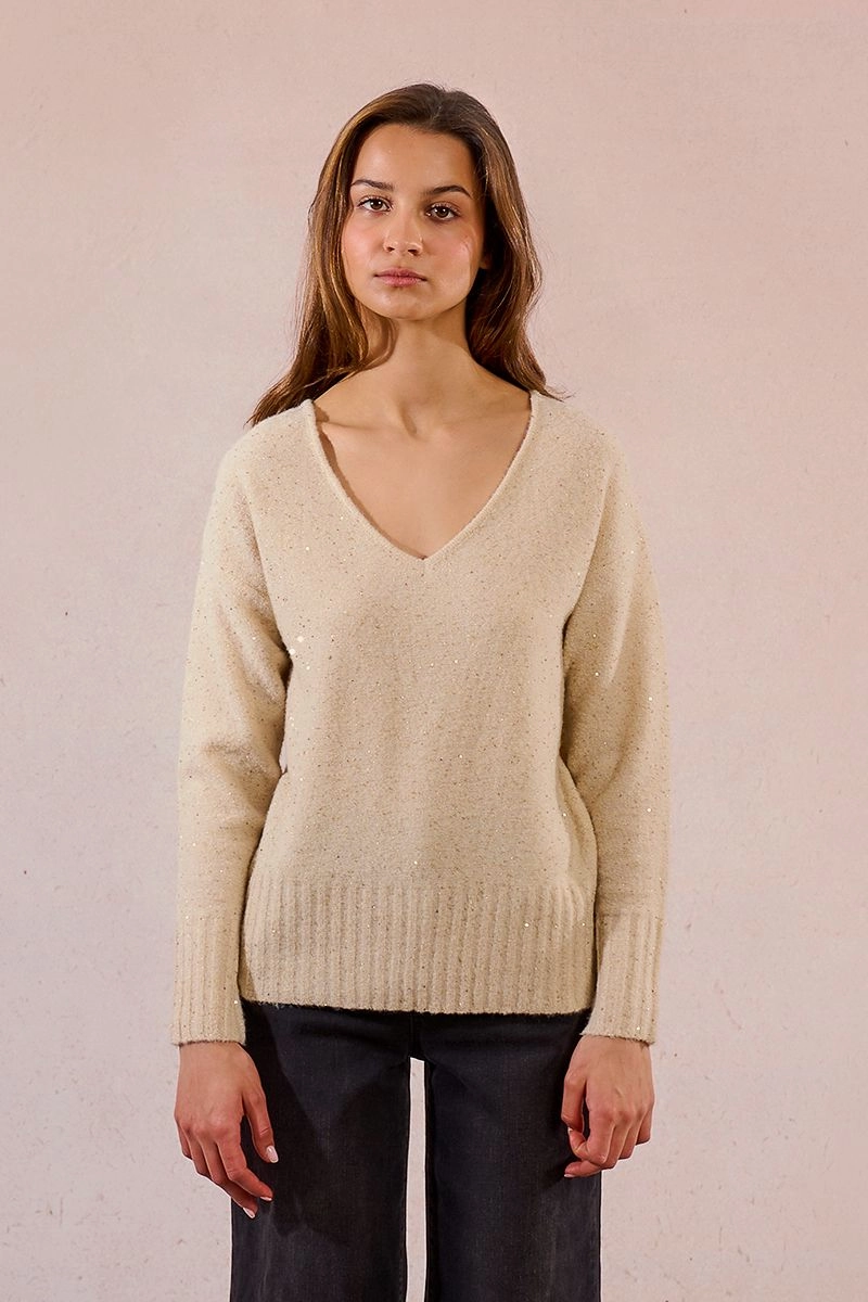 Trendy Shirt Oversized Silhouette Knit and Sequin Sweater in Cream