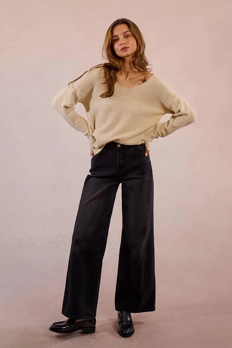 Knit and Sequin Sweater in Cream ThermalLining HiddenZipper