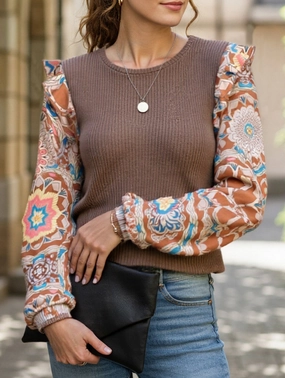 Bohemian Ruffled Floral Sleeves Panelled Knit Pullover Top DoubleStitchedSeams