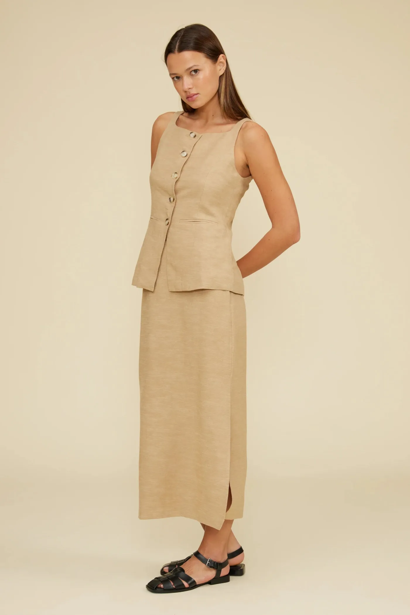 KORI KHAKI TAILORED VEST Yarn Dye Stripe Compression Fit