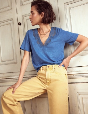 Lace Trim Linen T-shirt-Blue River Wrinkle Resistant Texture Stretch Comfort