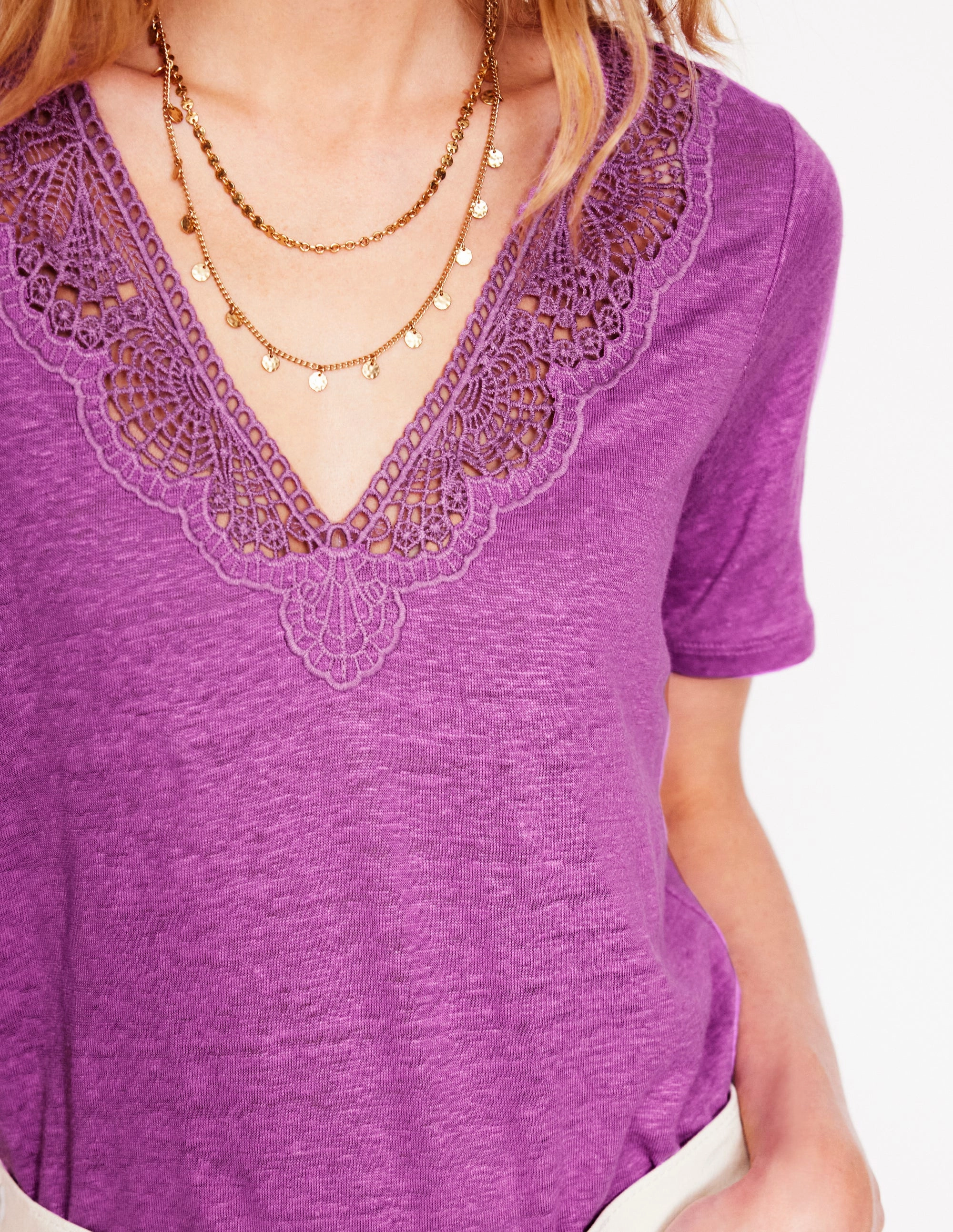 Reflective Trims Lace Trim Linen T-shirt-Liatris