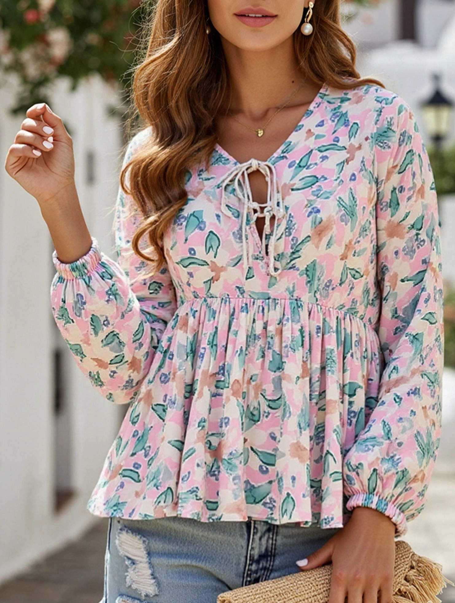 Lace-Up Printed Loose Shirt ??Women's Casual Bohemian Blouse ShockAbsorbing DoubleStitched