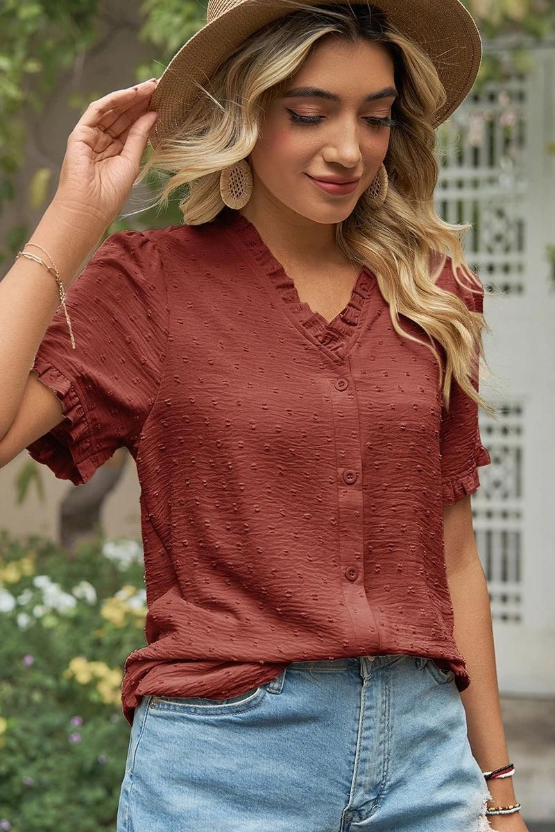 Asymmetrical hem LACE V NECK PRINCESS SLEEVES CHIFFON DOT BLOUSE