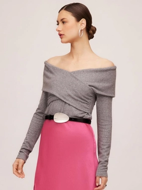 LongLastingDurability RaglanSleeve Lana Crossover Drape Top in Silver