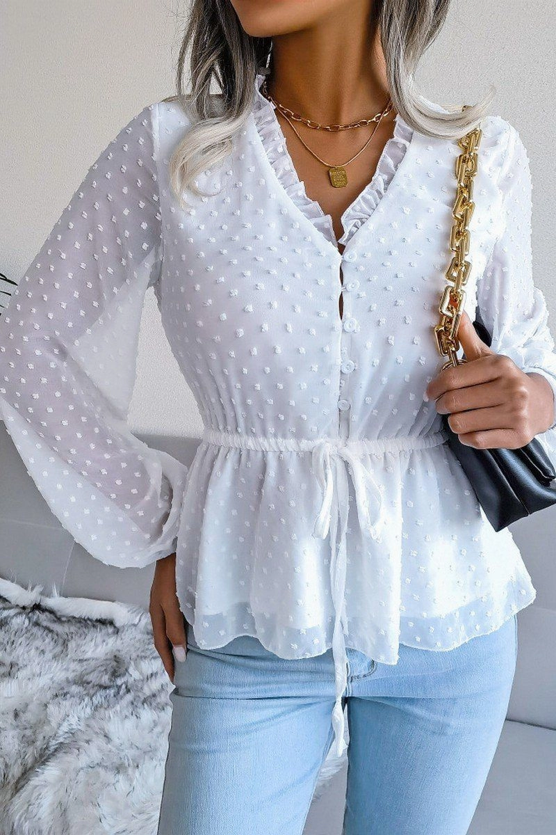 Eco Friendly Dye LANTERN SLEEVE RUFFLED SWISS DOT CHIFFON TUNIC