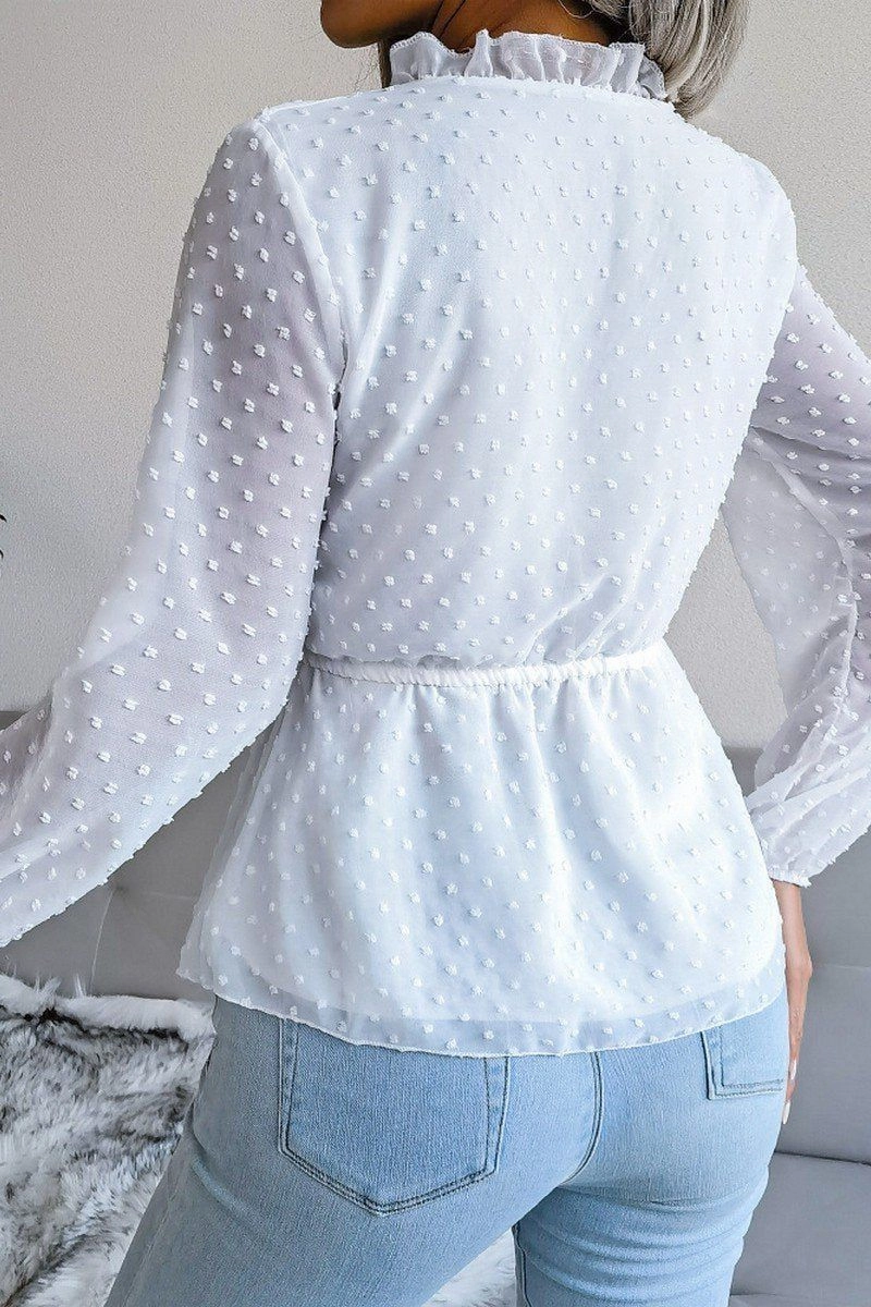Four Way Stretch LANTERN SLEEVE RUFFLED SWISS DOT CHIFFON TUNIC