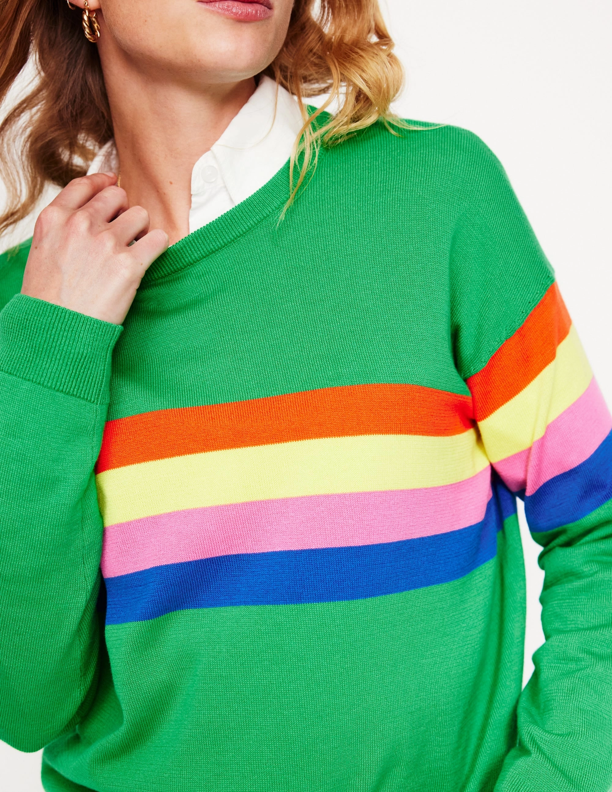Lara Relaxed Cotton Jumper-Bright Green Chest Stripe Autumn Layer