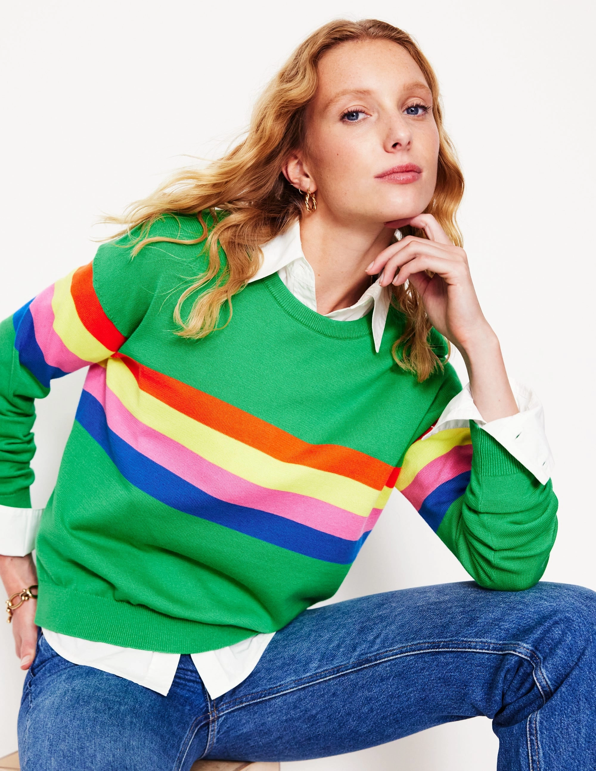Travel Comfort Lara Relaxed Cotton Jumper-Bright Green Chest Stripe