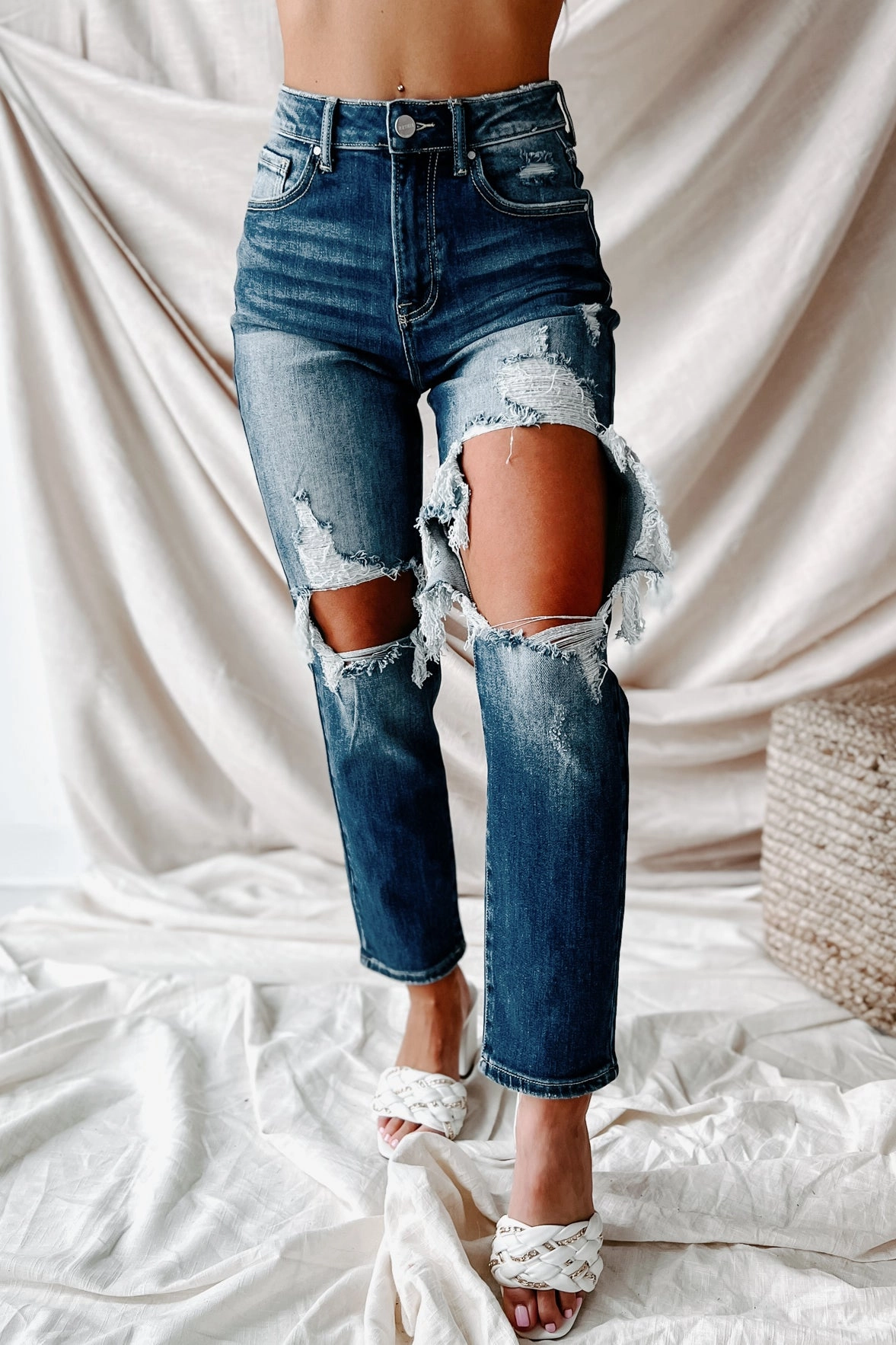 FlexFit Technology Izetta High Rise Distressed Risen Slim Straight Jeans (Dark)