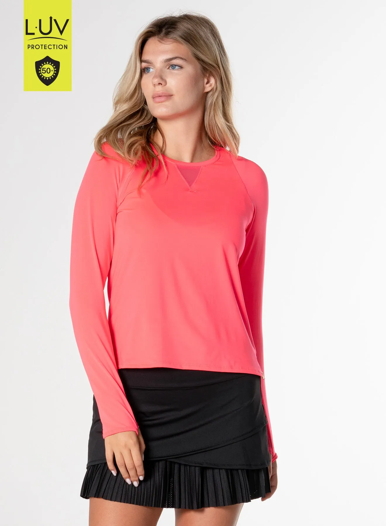High Low Breezy Long Sleeve Ribbed Hem Airflow Weave Pattern