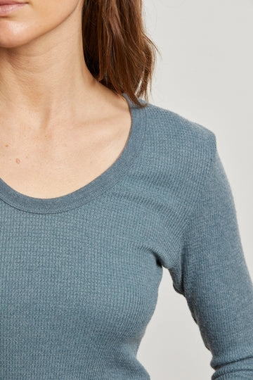 Friction Resistant Finish VNeckReinforcement Esme Brushed Waffle Long Sleeve U-Neck Tee in Slate