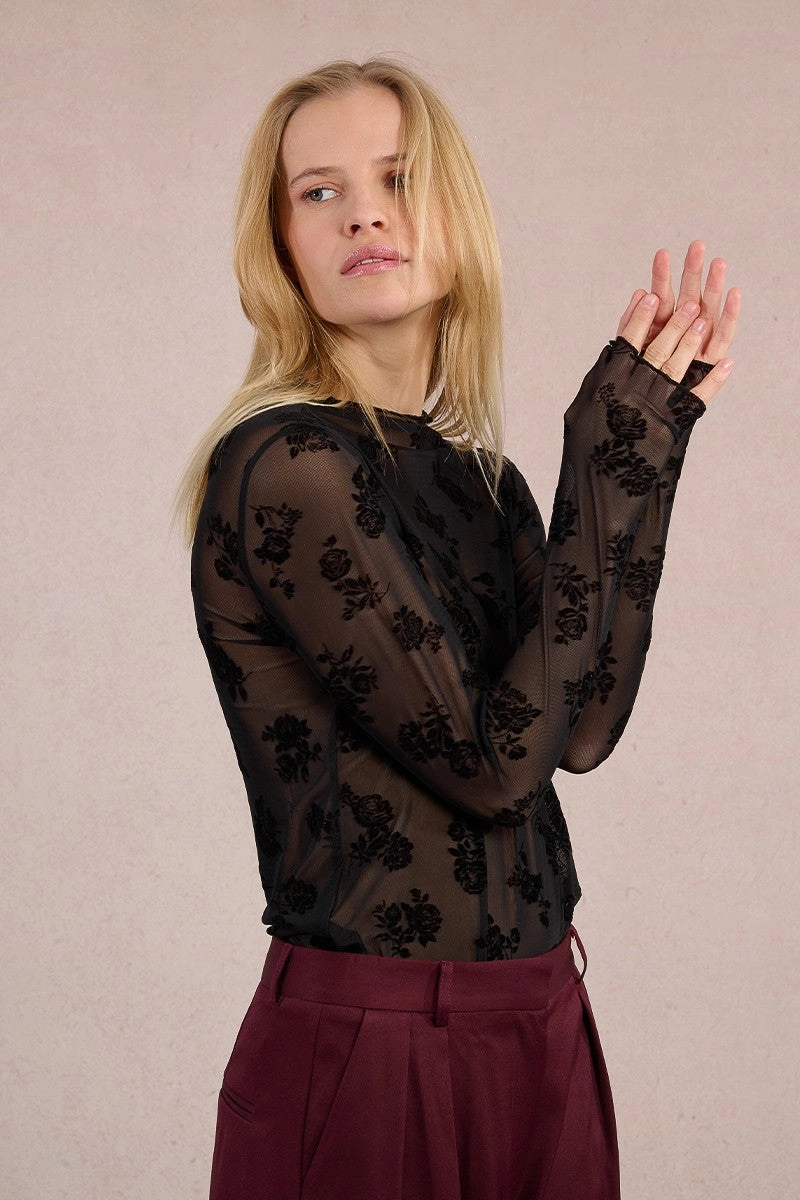 Velvet Flocked Top in Black VNeck Style